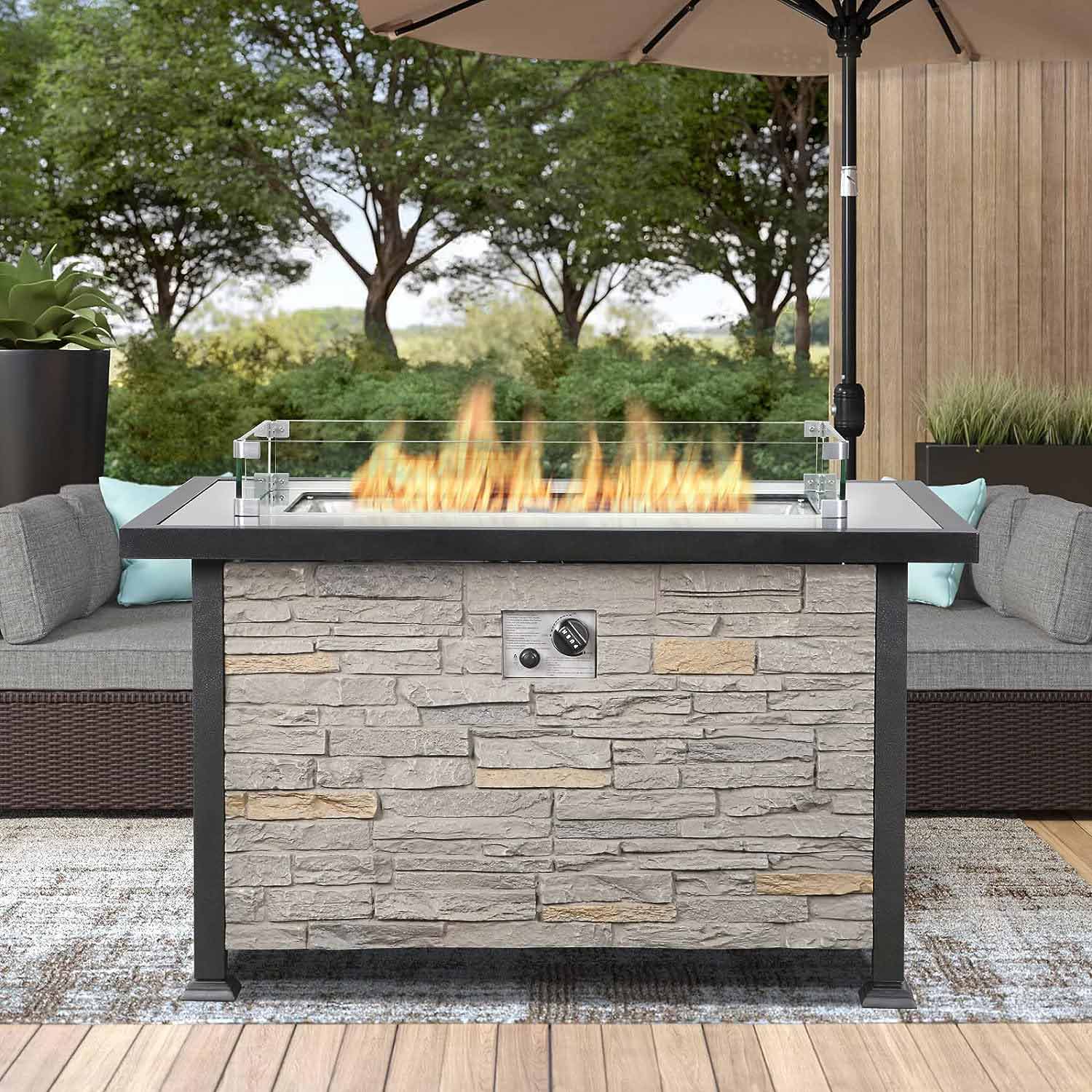 44 Inch Patio Propane Fire Pit Table with Wind Guard and Waterproof Cover, Gray | Homrest Furniture