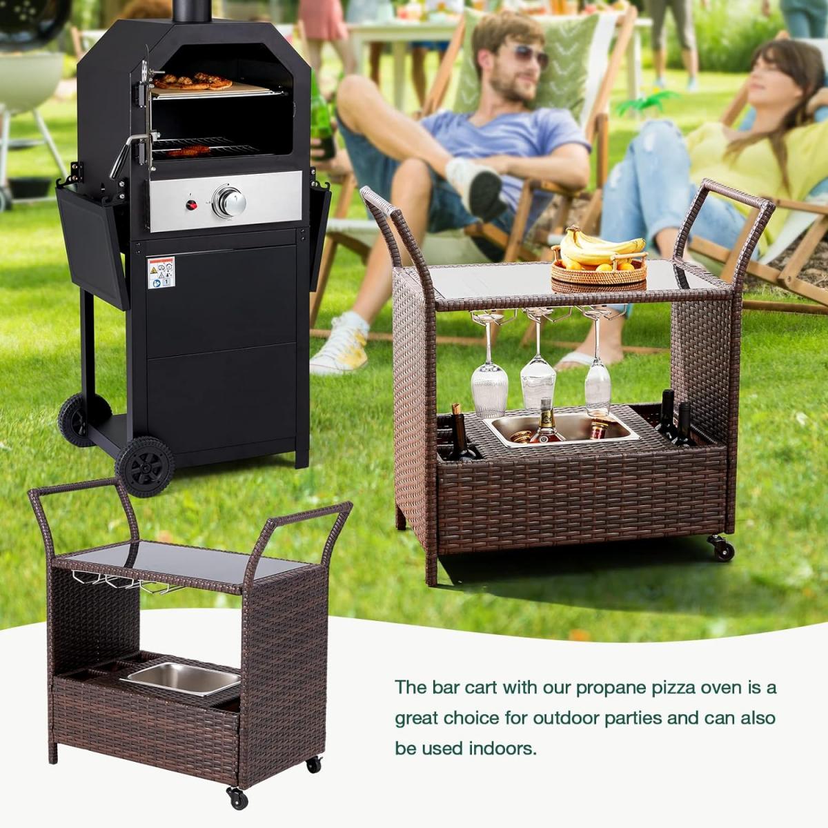 Homrest outdoor wicker bar cart and pizza owen for party and camping