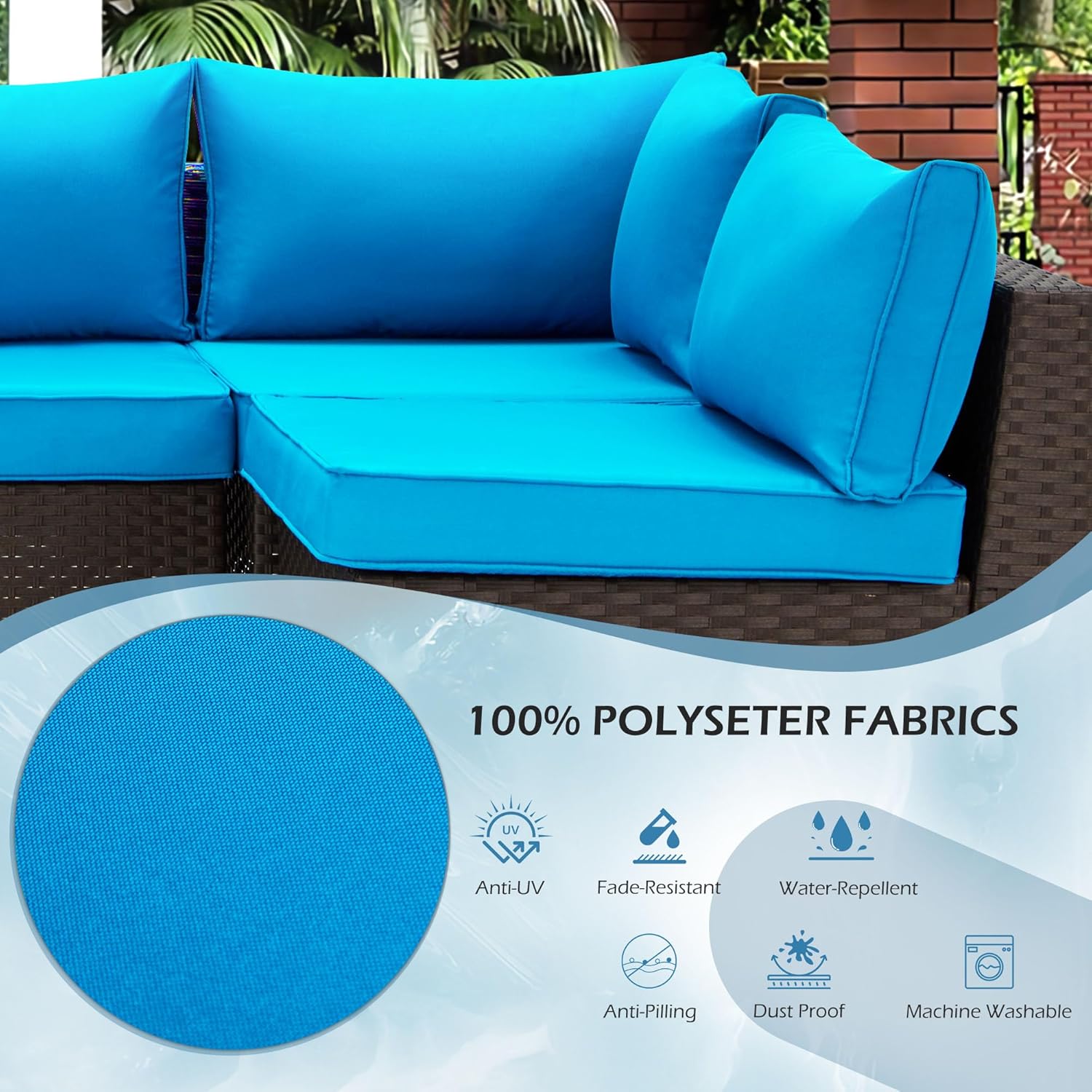 Outdoor Replacement Cushions for 6-Seat Patio Conversation Sets, Sky Blue | Homrest