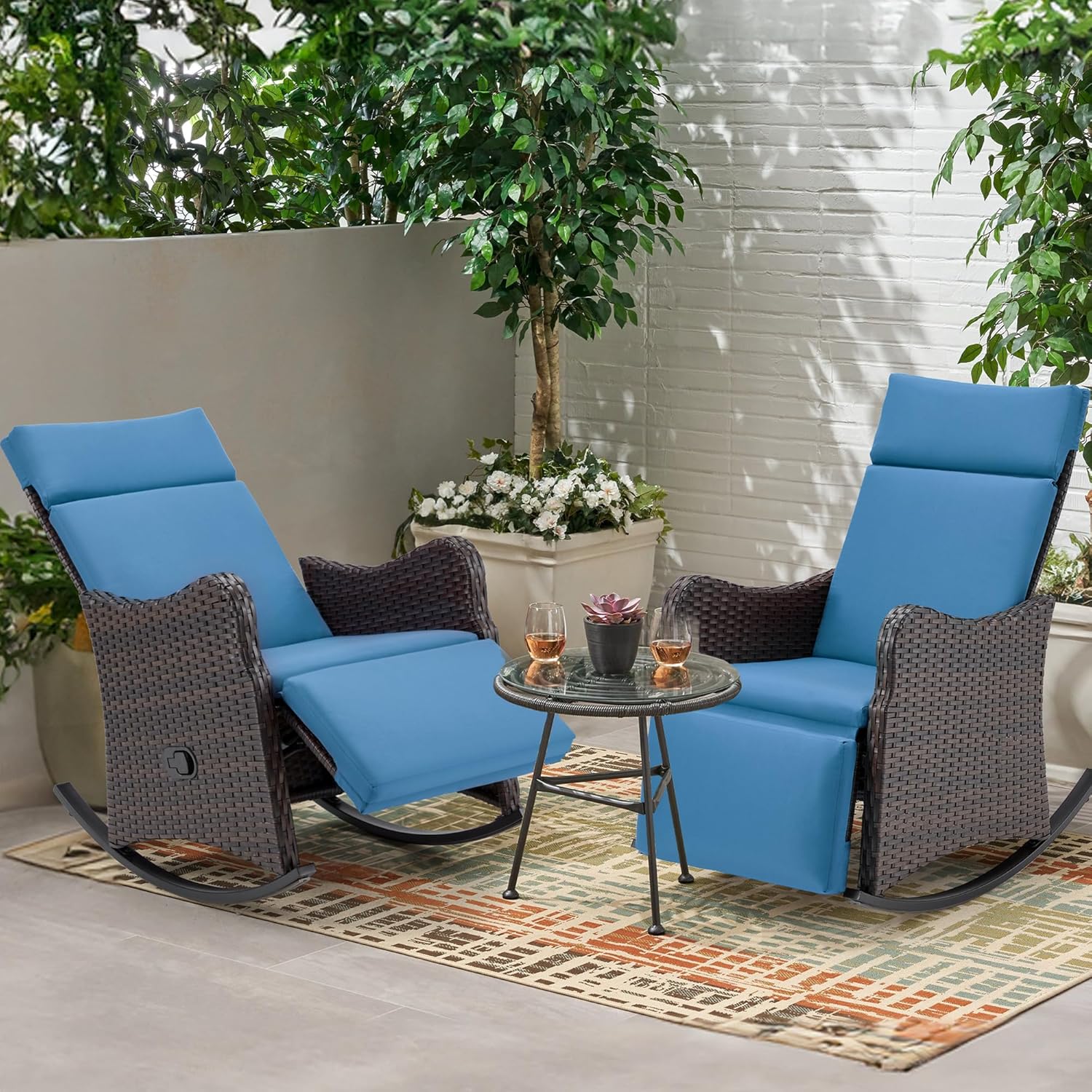 Homrest Outdoor Recliner Chair, Rattan Wicker Rocking Chair with Cushion, Blue
