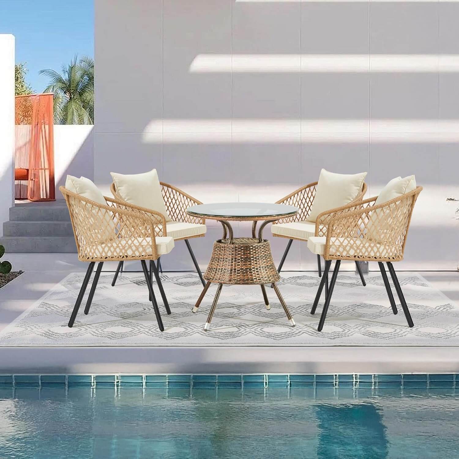 HOMREST All-Weather Patio Dining Chairs Set of 4, w/ Cushions & Armrests, Modern Outdoor Seating, Beige&White