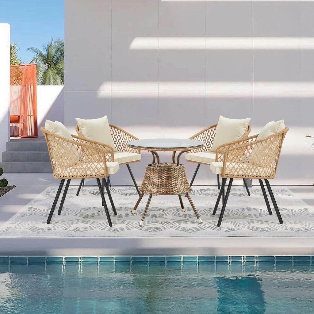 HOMREST All-Weather Patio Dining Chairs Set of 4, w/ Cushions & Armrests, Modern Outdoor Seating, Beige&White