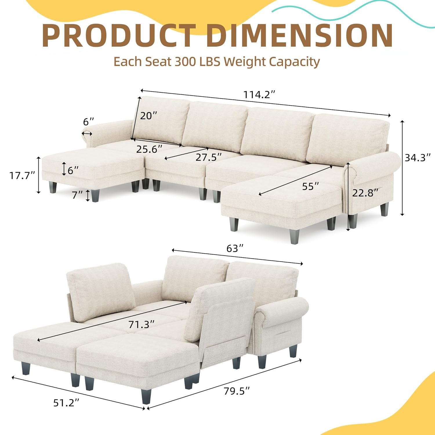 Product dimensions of Homrest sectional sofa set.