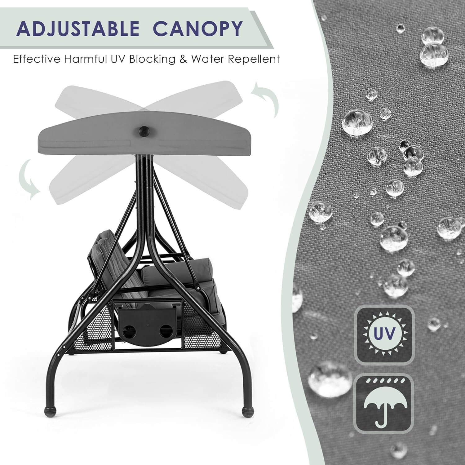 Homrest 3-Seat Outdoor Porch Swing with Adjustable Canopy and Backrest, Gray