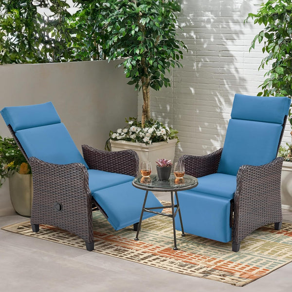 Weatherproof Outdoor Recliner Chair, Rattan Lounge Chair with Thick Removable Cushion for Patio Deck Backyard, Blue