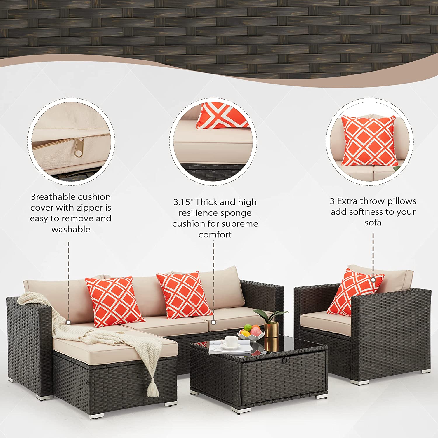 Breathable cushion cover with zipper is easy to remove and washable, 3.15'' thick and high resilience sponge cushion for supreme comfort, 3 extra throw pillows add softness to your sofa
