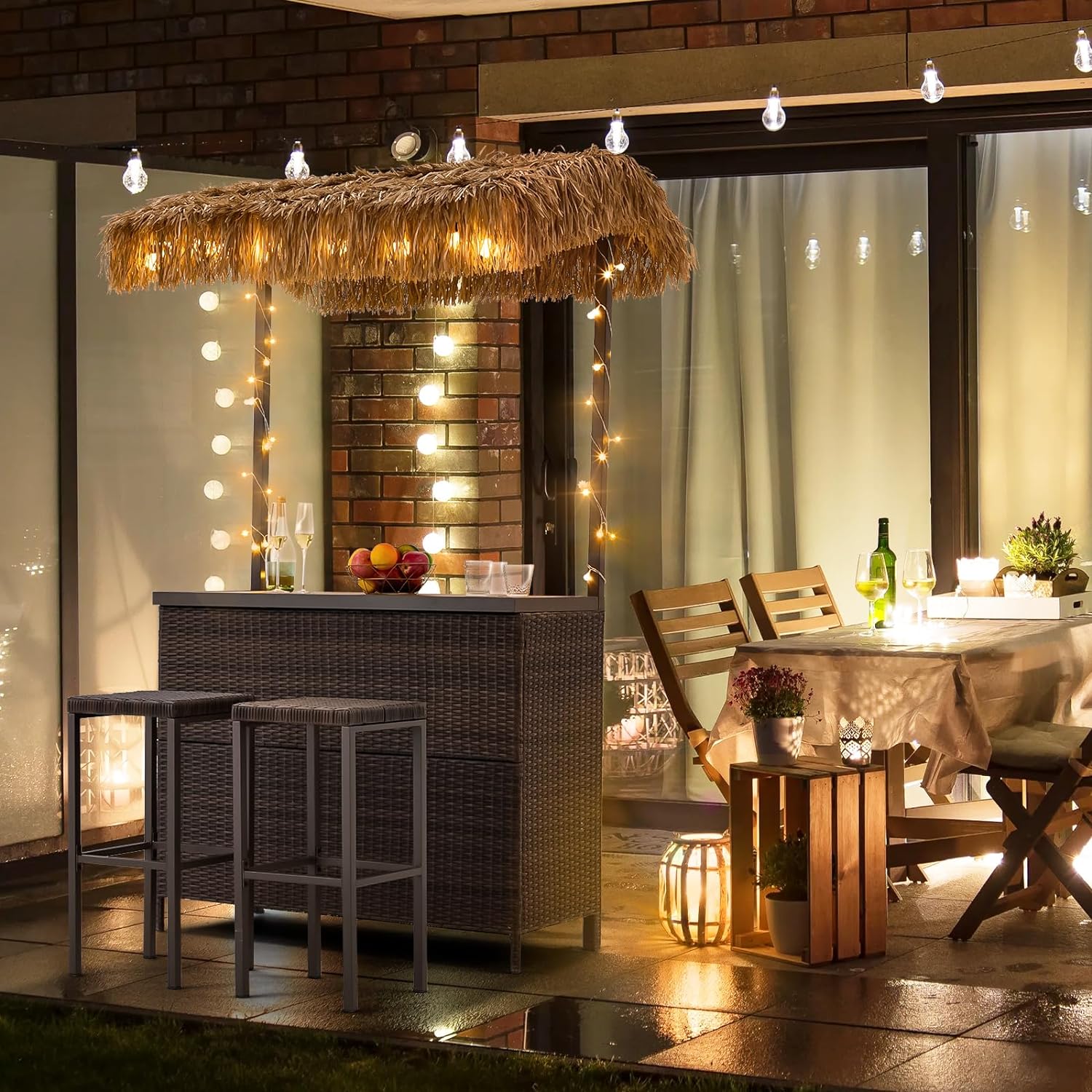 Homrest 3 pcs outdoor tiki bar set with 2 height stools, storage shelf and canopy, brown