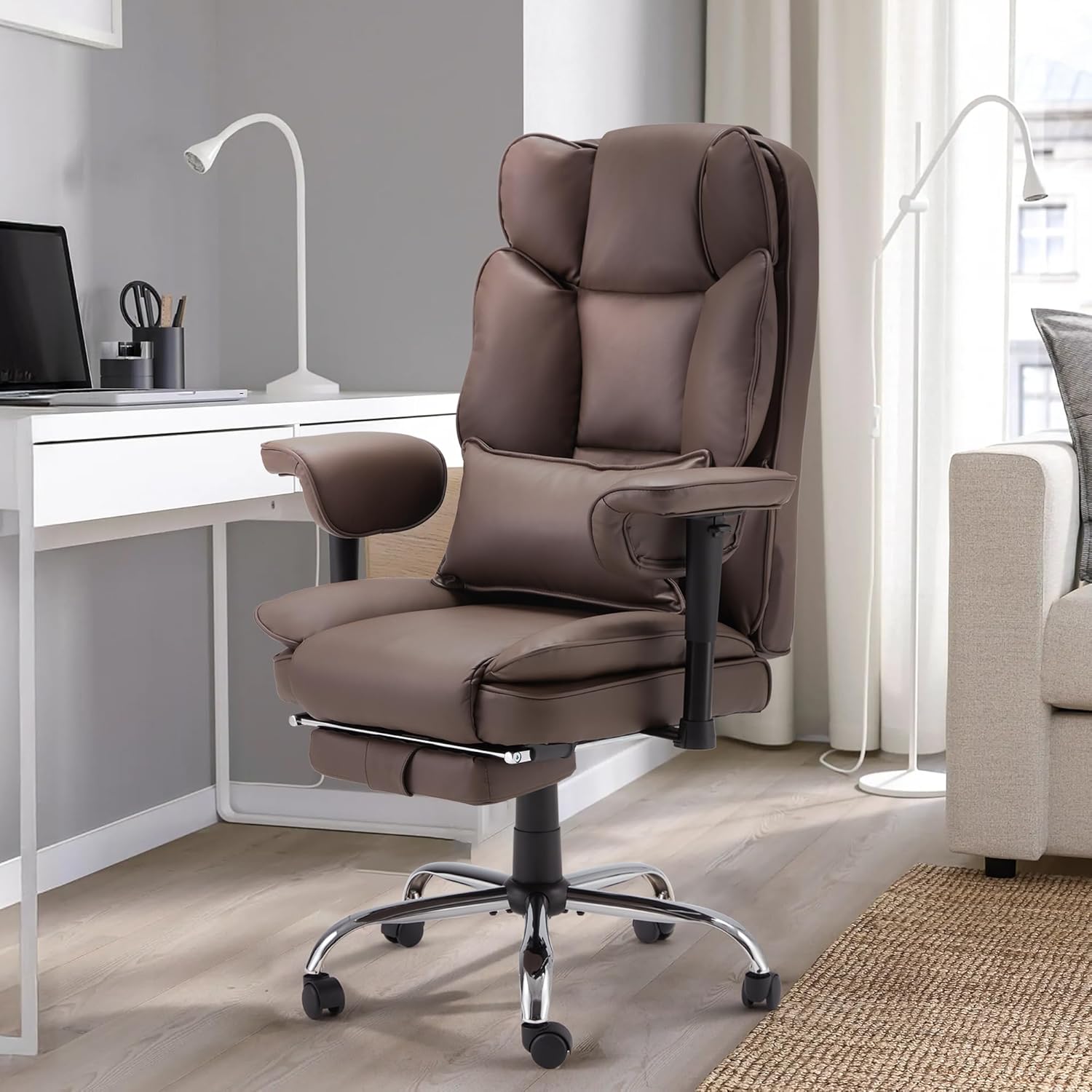 Homrest Executive Office Chair with Adjustable Reclining and Retractable Footrest, Brown