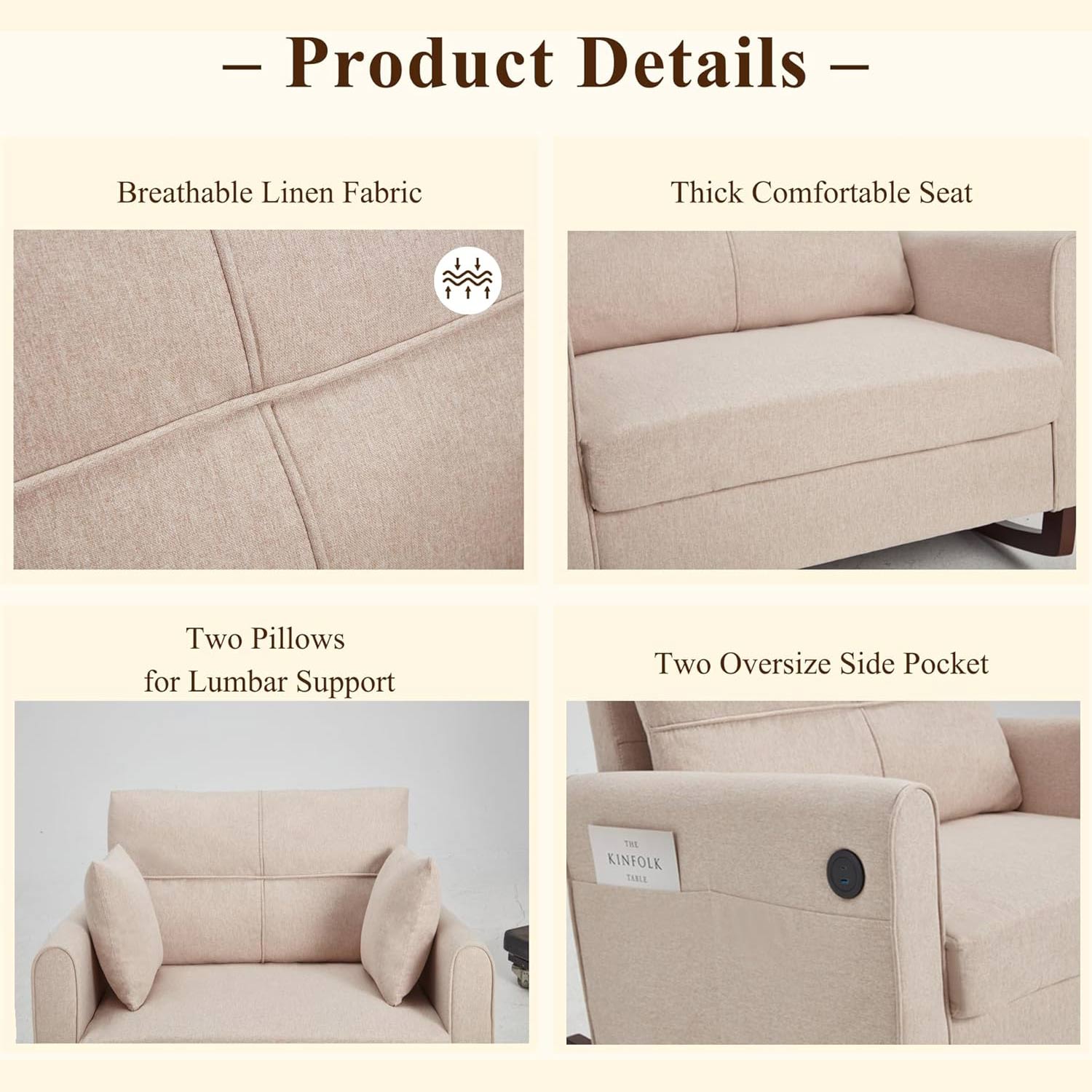 Upholstered Oversize Rocking Chair with Side Pocket USB Port, Beige | Homrest