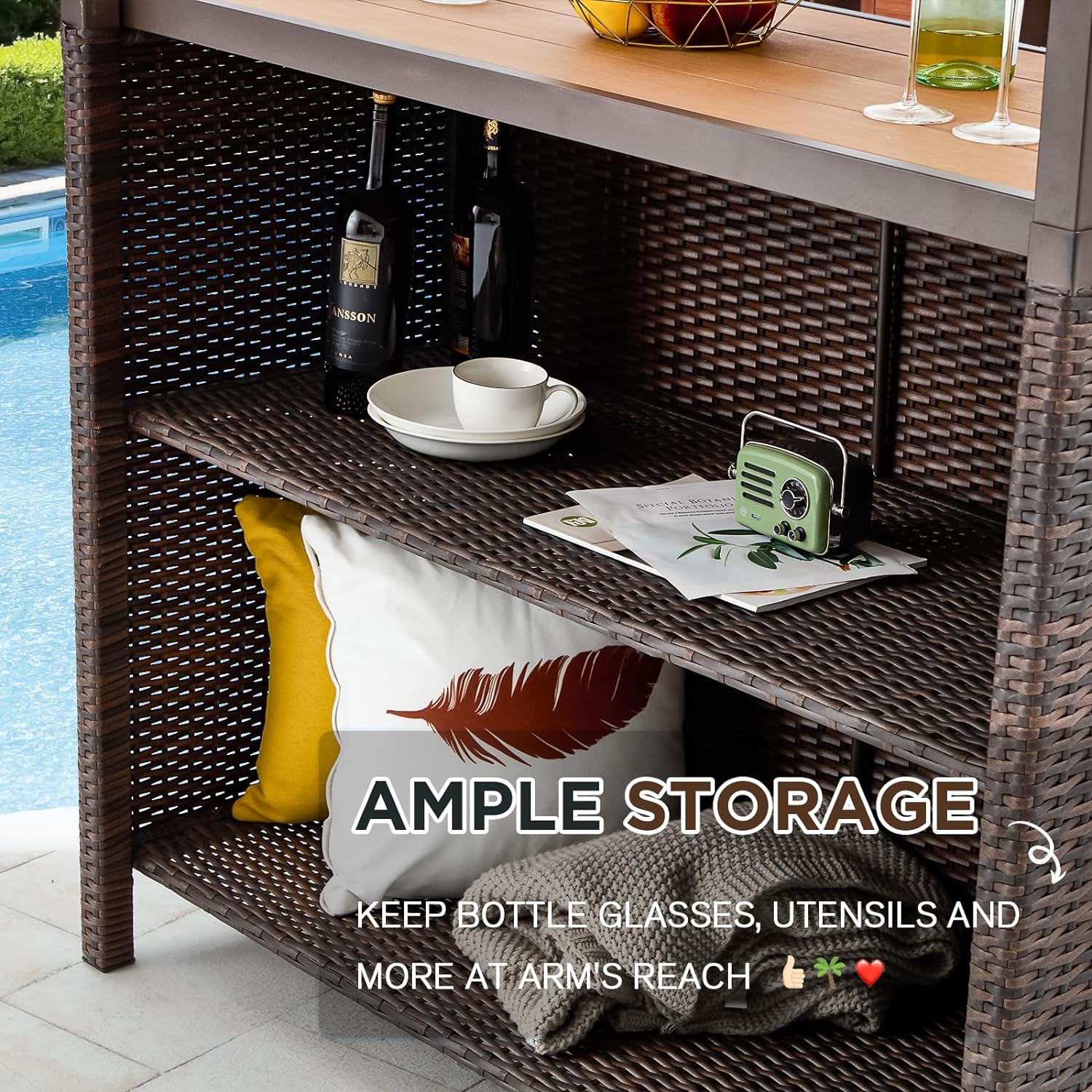 Homrest 3 pcs outdoor tiki bar set with 2 height stools, storage shelf and canopy, brown