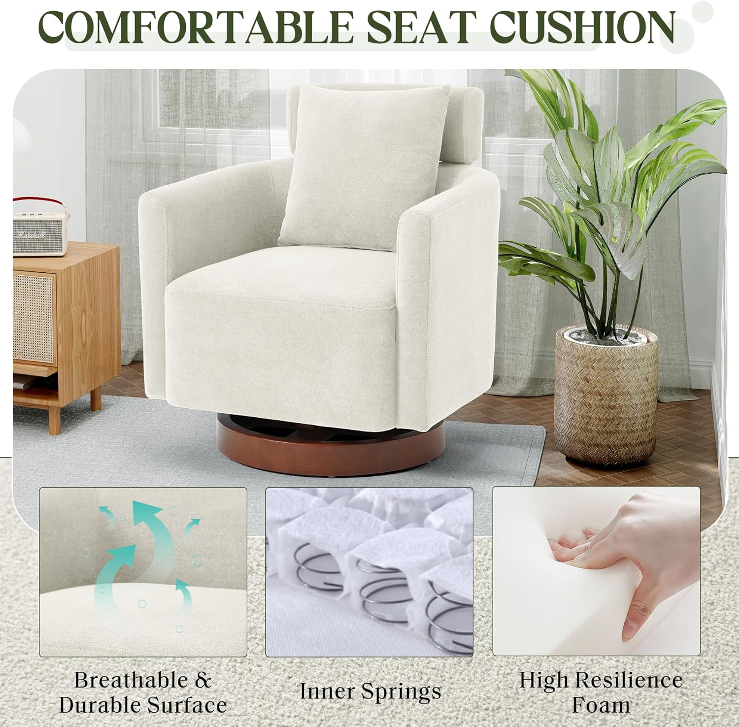 Homrest Swivel Accent Chair Armchair with Adjustment Headrest, 360° Rotation. Beige