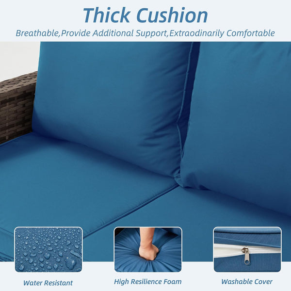 HOMREST 2 Piece Outdoor Patio Ottoman, Rattan Wicker Footstool with Cushion, Invisible Buckle, Multi-Functional Seat or Coffee Table, Navy