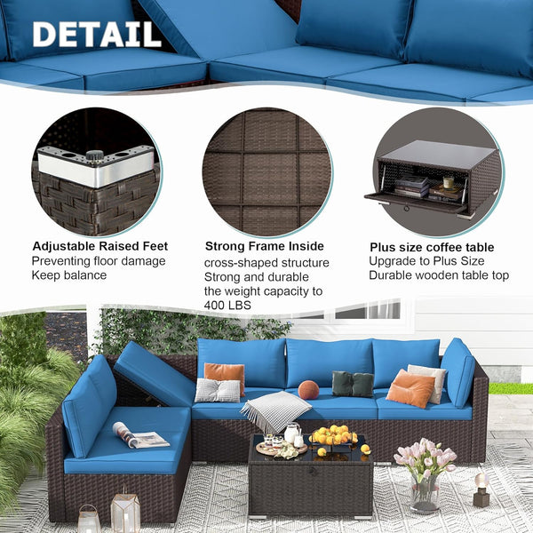 Homrest 7 Piece Outdoor Patio Furniture with Storage Table, Cushions and Pillows, Blue