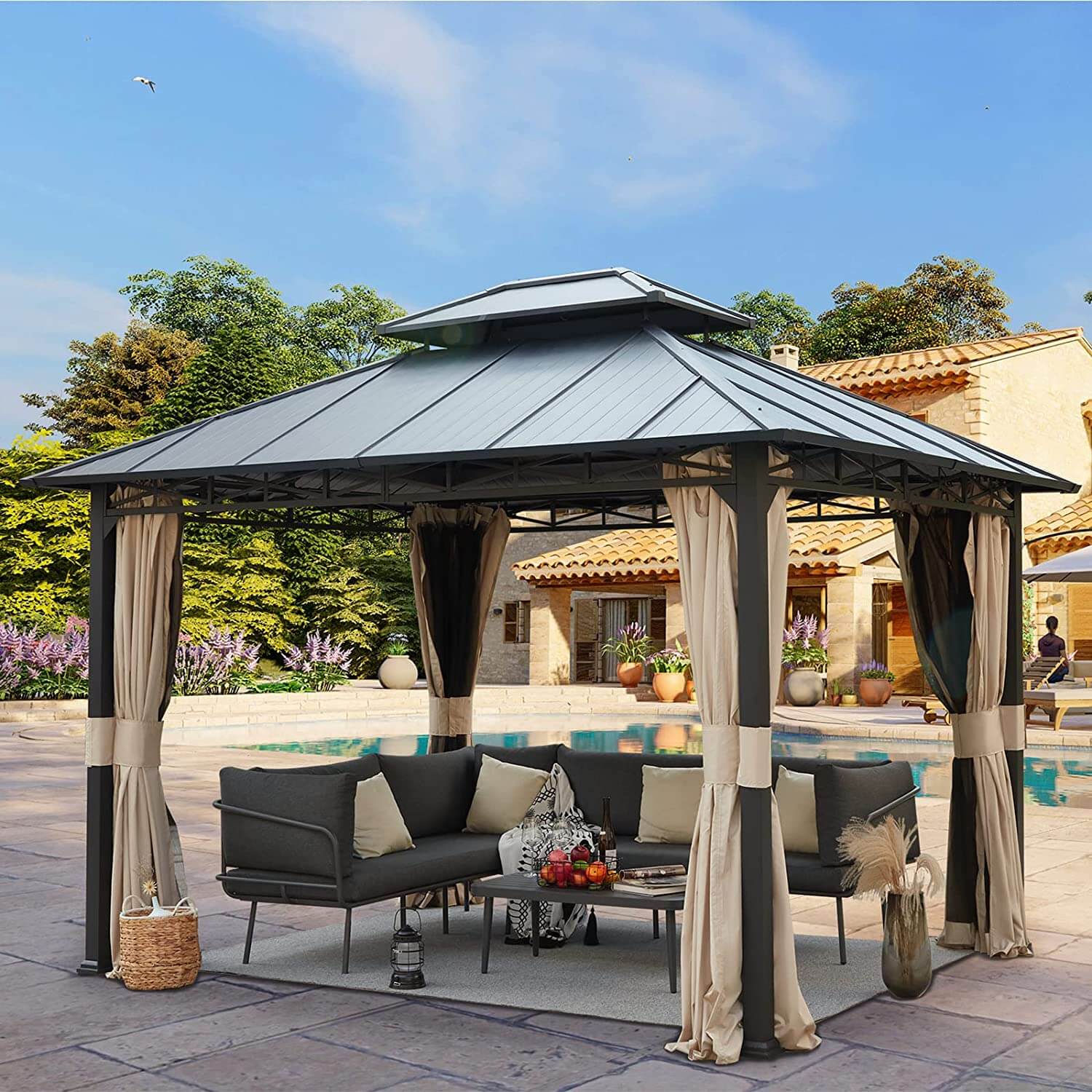 Homrest 10' x 12' Iron Gazebo Hardtop Double Roof w/ Anti-Rust Coating Frame, Waterproof Curtains & Netting