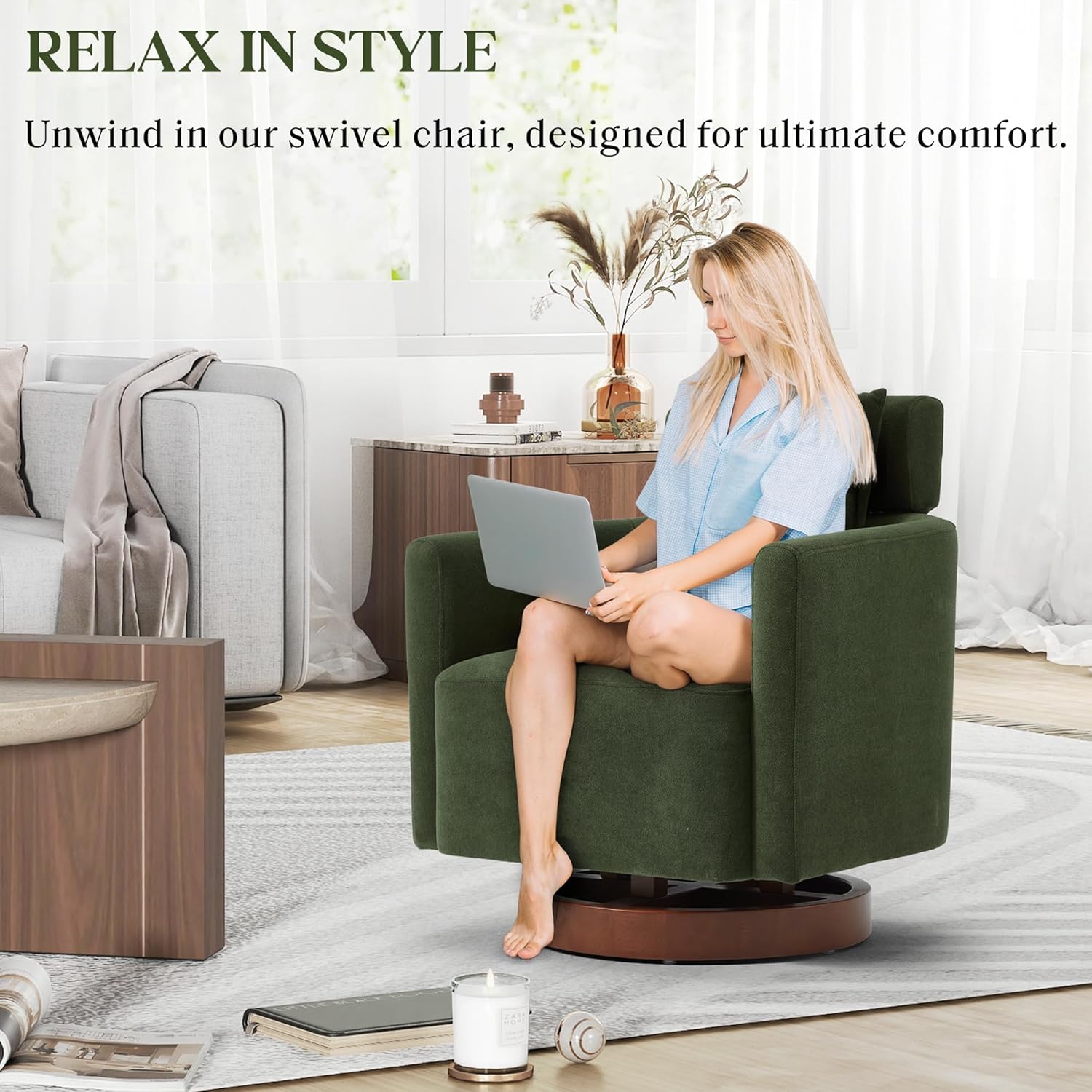 Homrest Swivel Accent Chair Armchair with Adjustment Headrest, 360° Rotation. Green