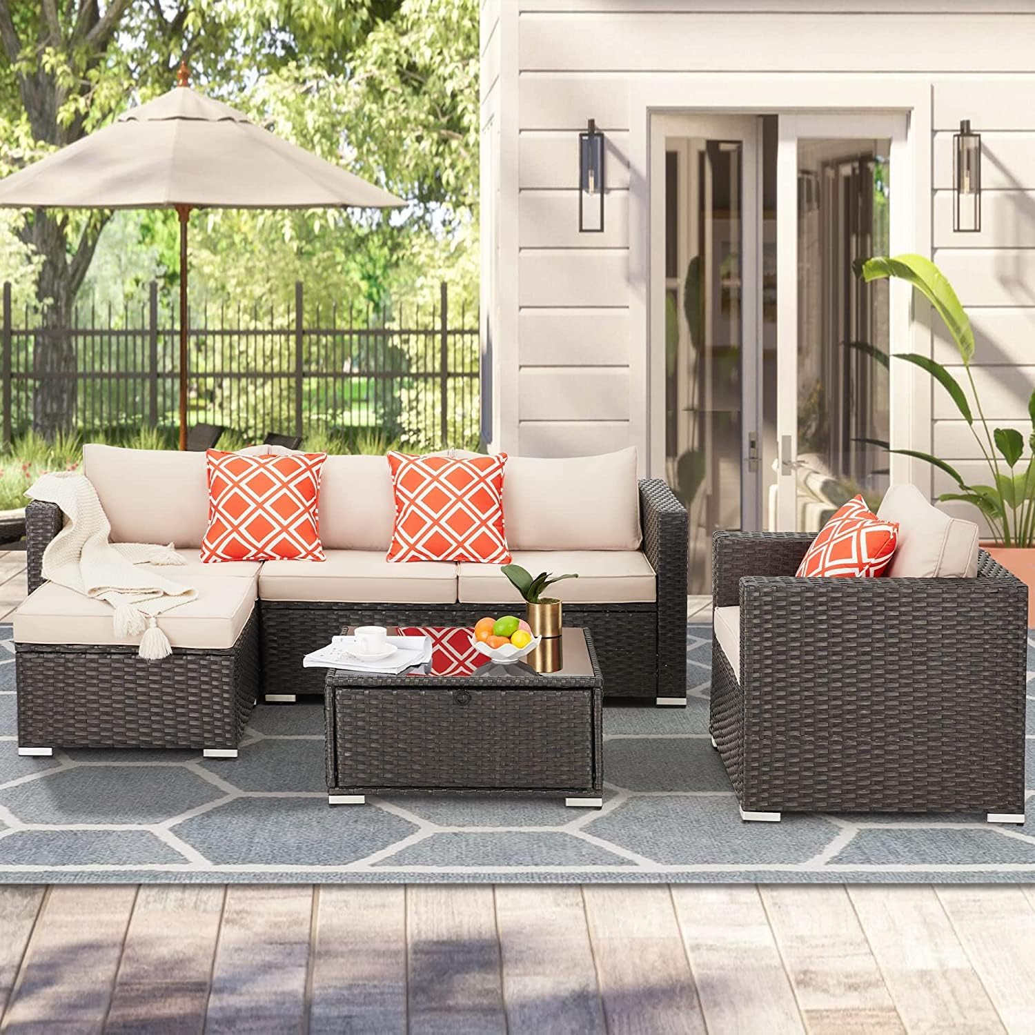 Homrest 4 pieces wicker rattan outdoor sectional sofa, khaki