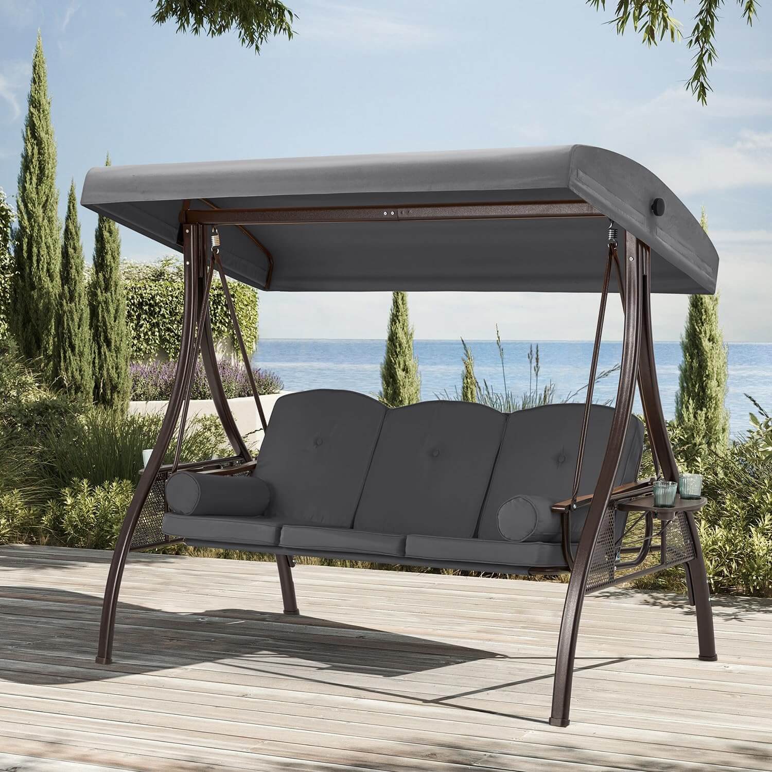 Homrest 3-Seat Outdoor Porch Swing with Adjustable Canopy and Backrest, Gray