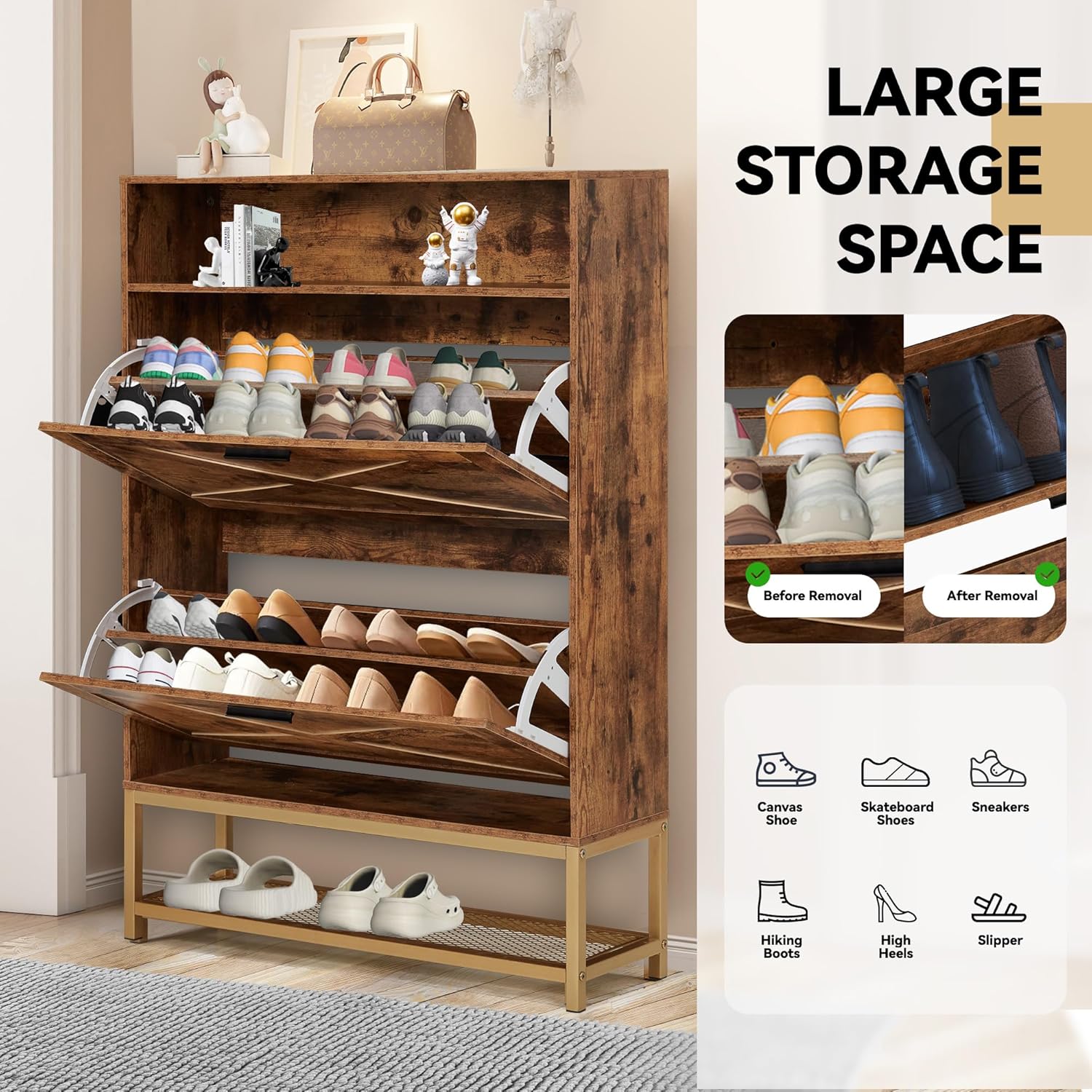 Shoe racks with 2 flip drawers and open storage, brown | Homrest