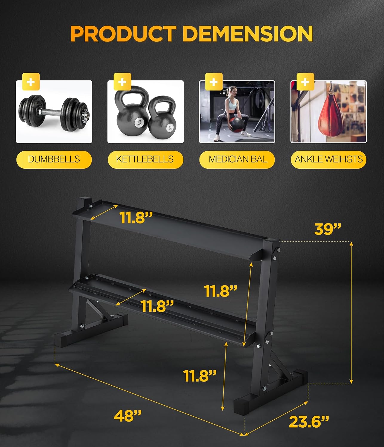 HOMREST 48" Kettlebell Storage Rack, 2-Tier Dumbbell and Kettlebell Rack for Home Gym, 1000LBS Weights Storage for Free Weights