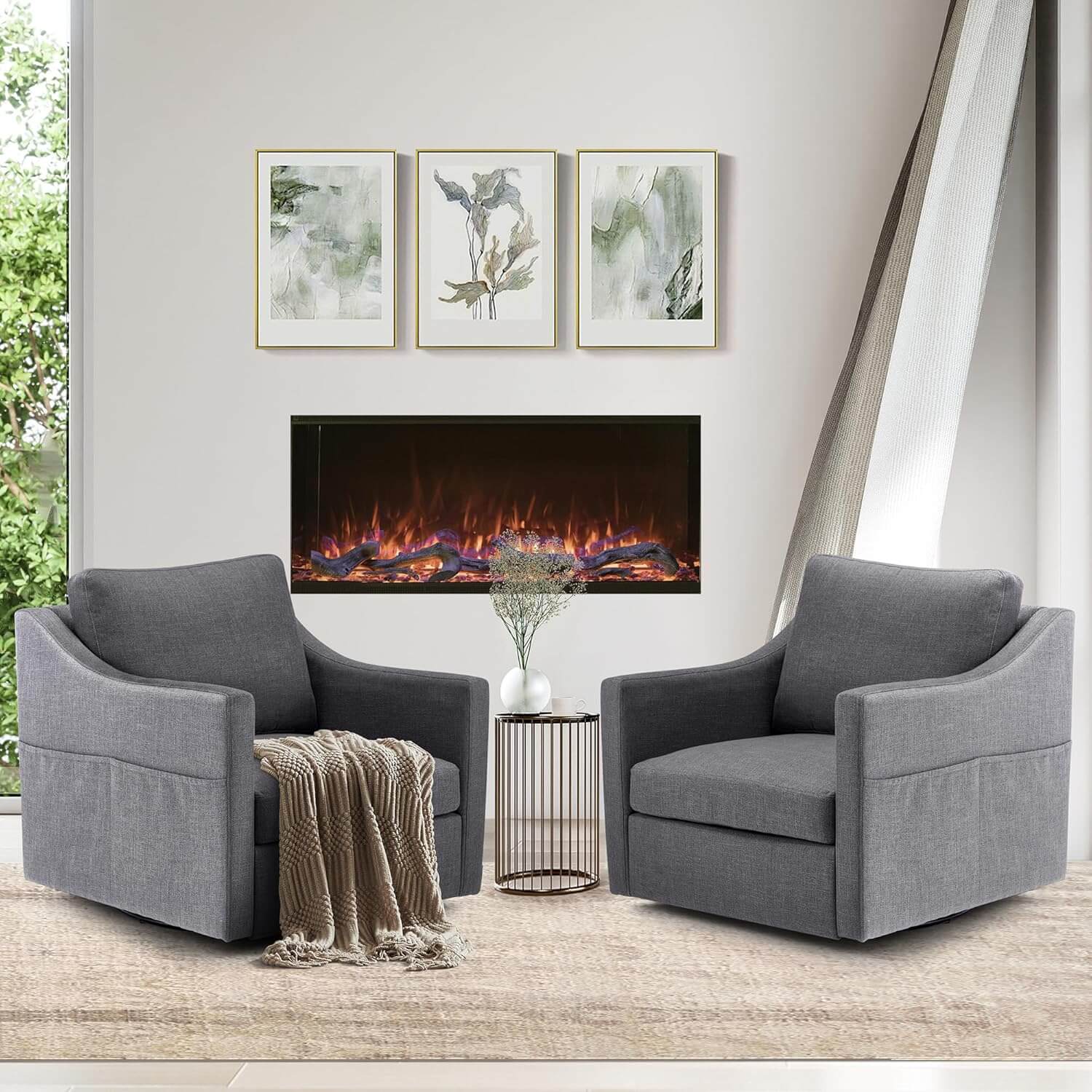 Swivel Accent Chair Sets of 2, Mid Century Modern Armchair for Living Room and Bedroom, Gray Linen