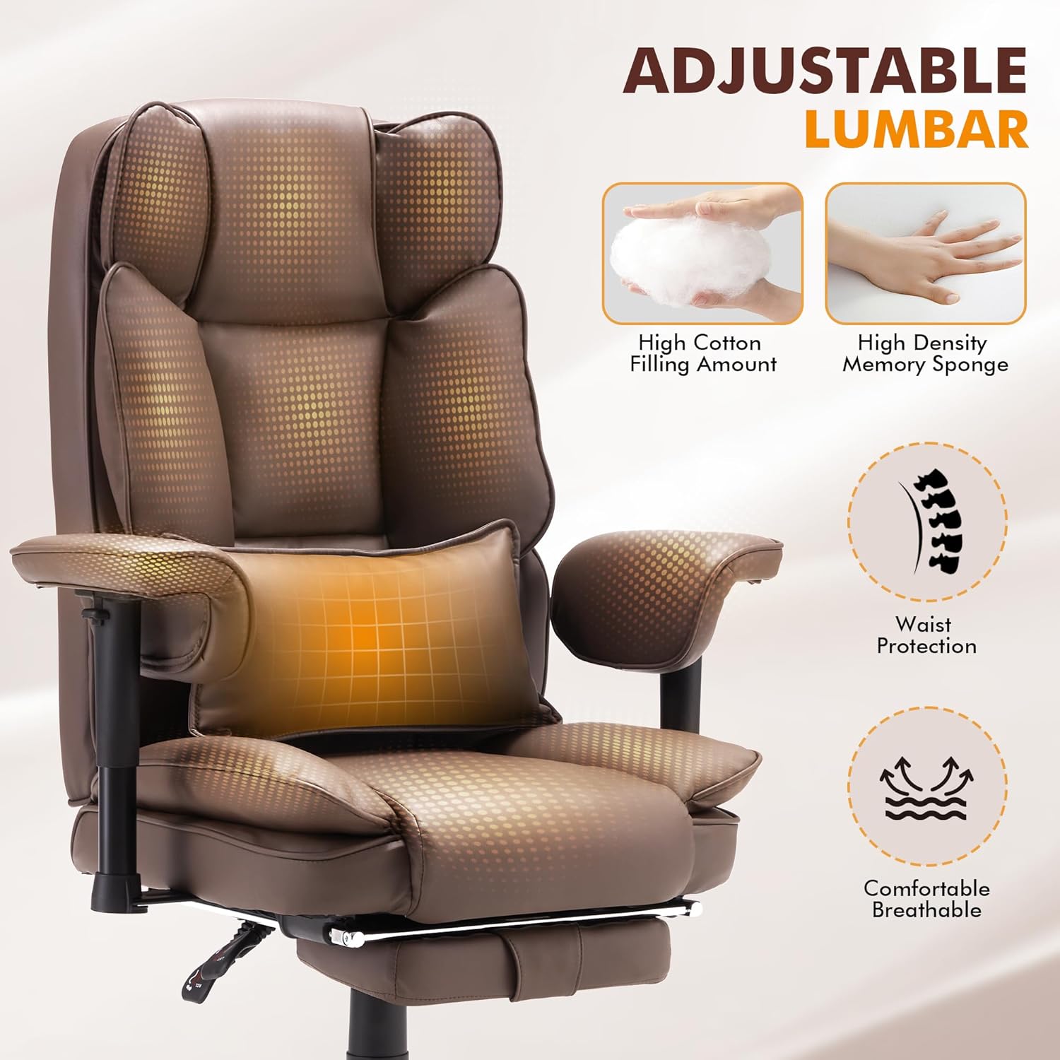 Homrest Executive Office Chair with Adjustable Reclining and Retractable Footrest, Brown