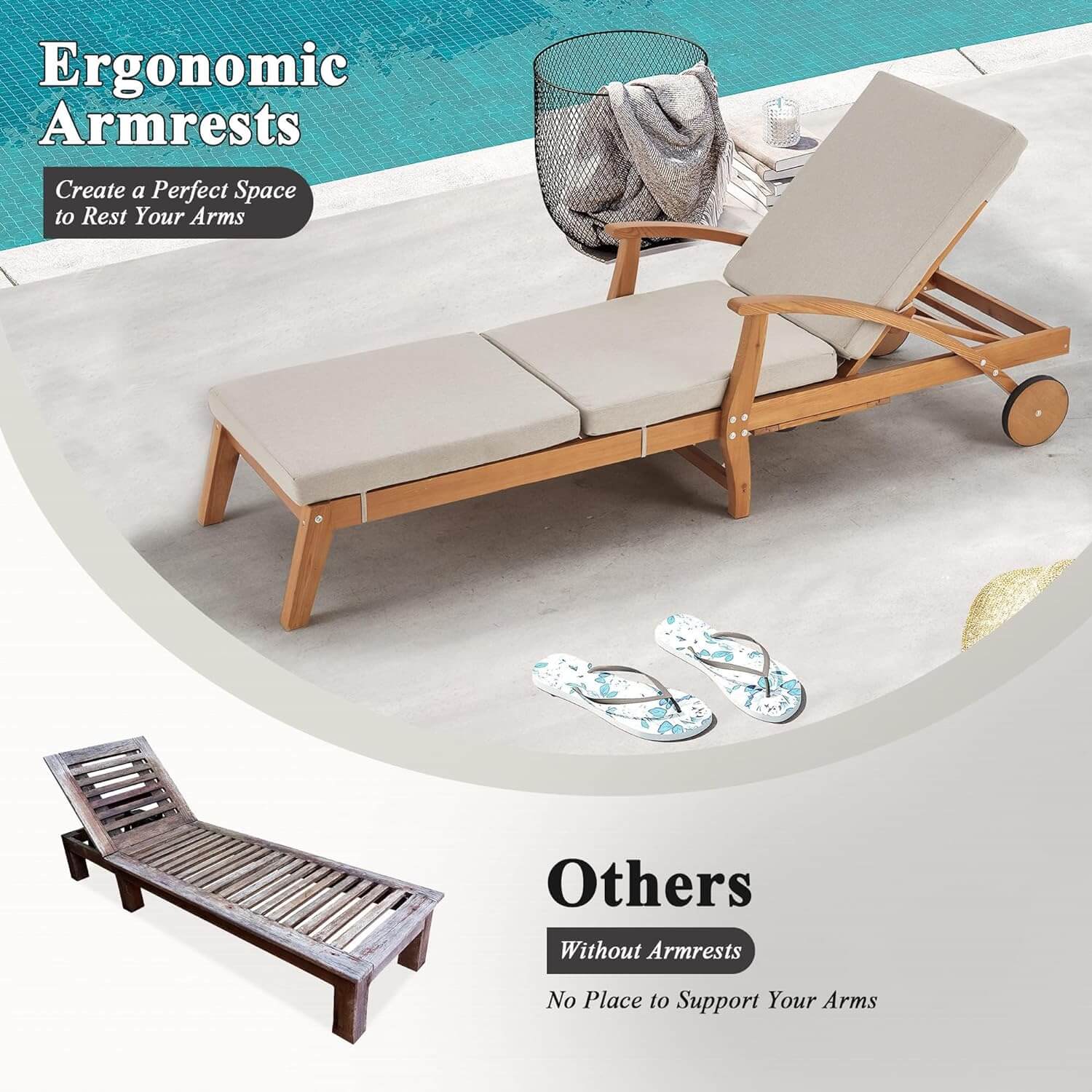 Outdoor Wood Chaise Lounge Chair with Breathable Cushions, Slide-Out Tray, Moving Wheels & Adjustable Backrest
