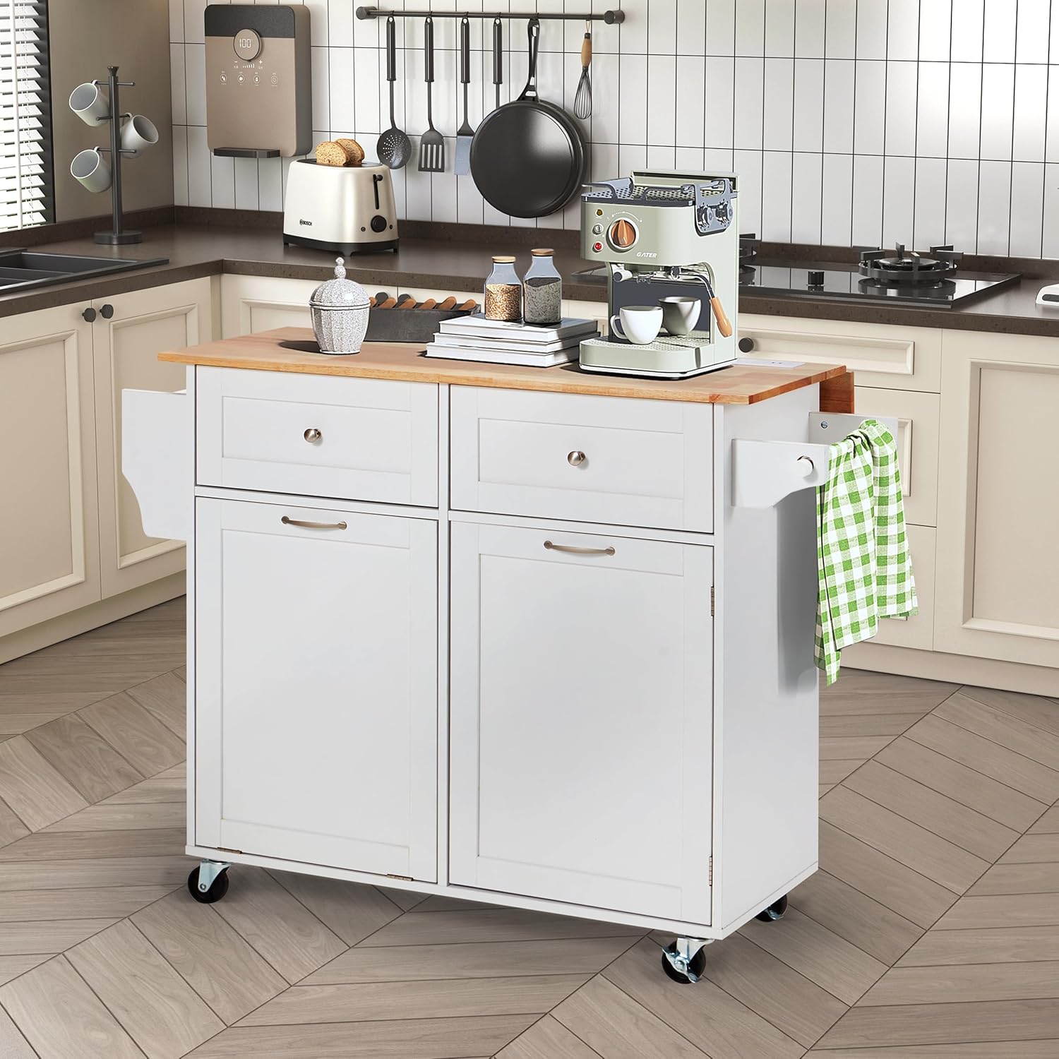 Homrest 39.4" Rolling Kitchen Island with Power Outlet, USB Ports, White