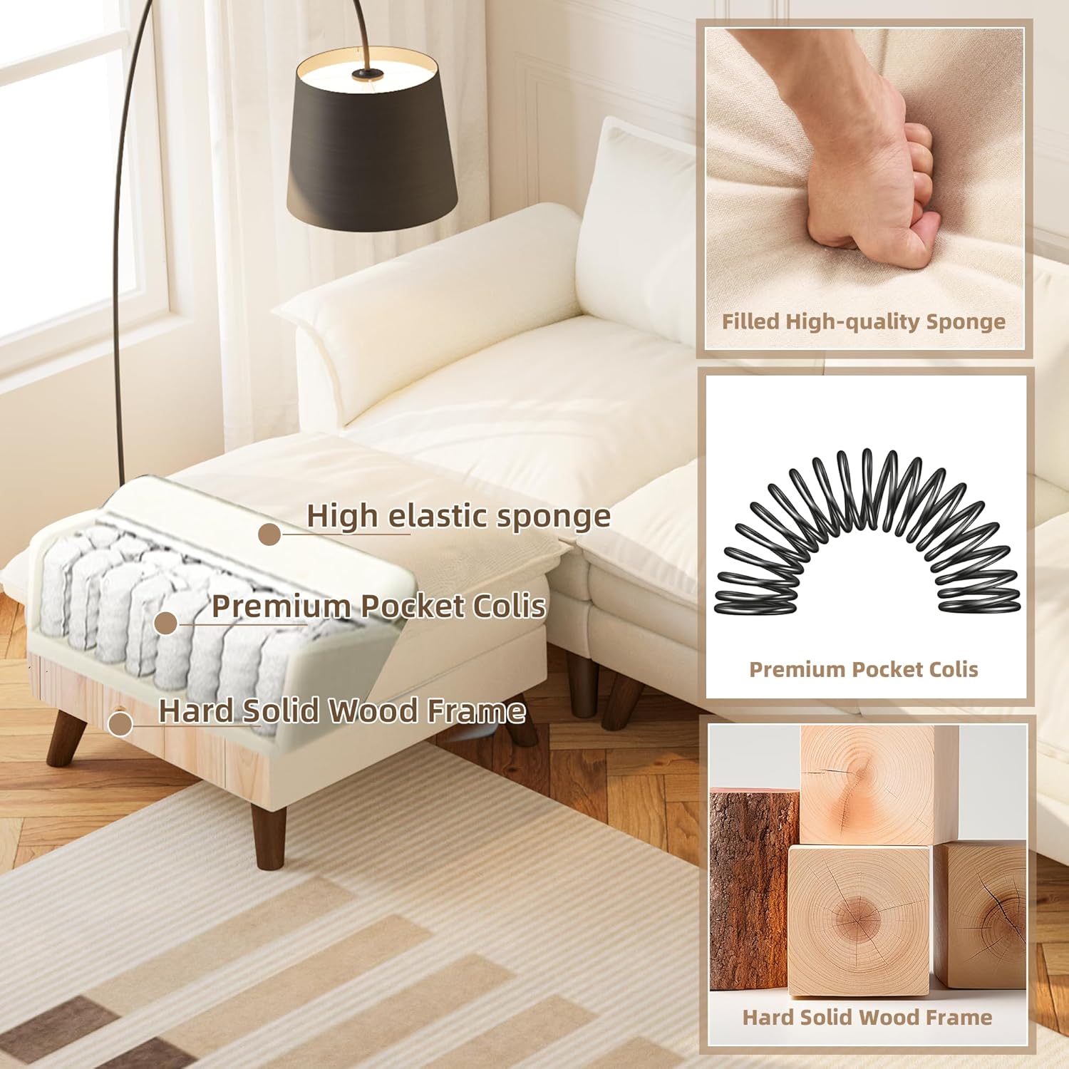 High elastic sponge, premium pocket colis and hard solid wood frame of Homrest sectional sofa set.