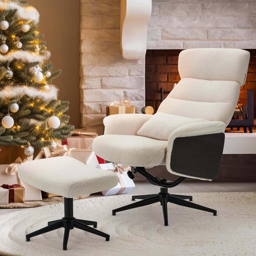 HOMREST Swivel Accent Chair w/ Ottoman,Tall Back Desk Chair no Wheels,Modern Sherpa Chair w/ Adjustable Backrest and Headrest for Living room,Bedroom,Home Office