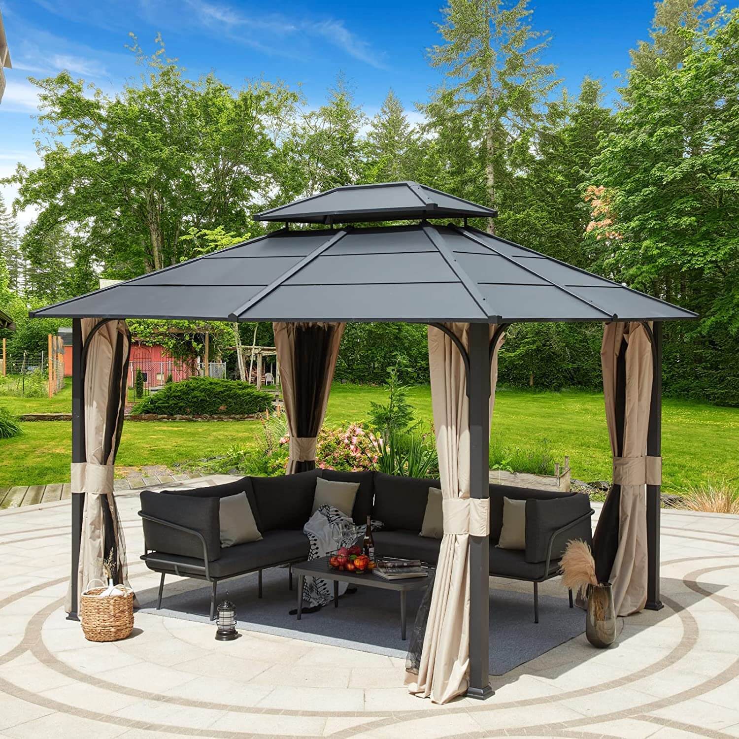 Homrest 10' x 12' Hardtop Gazebo Outdoor Double Iron Roof with Curtains and Netting