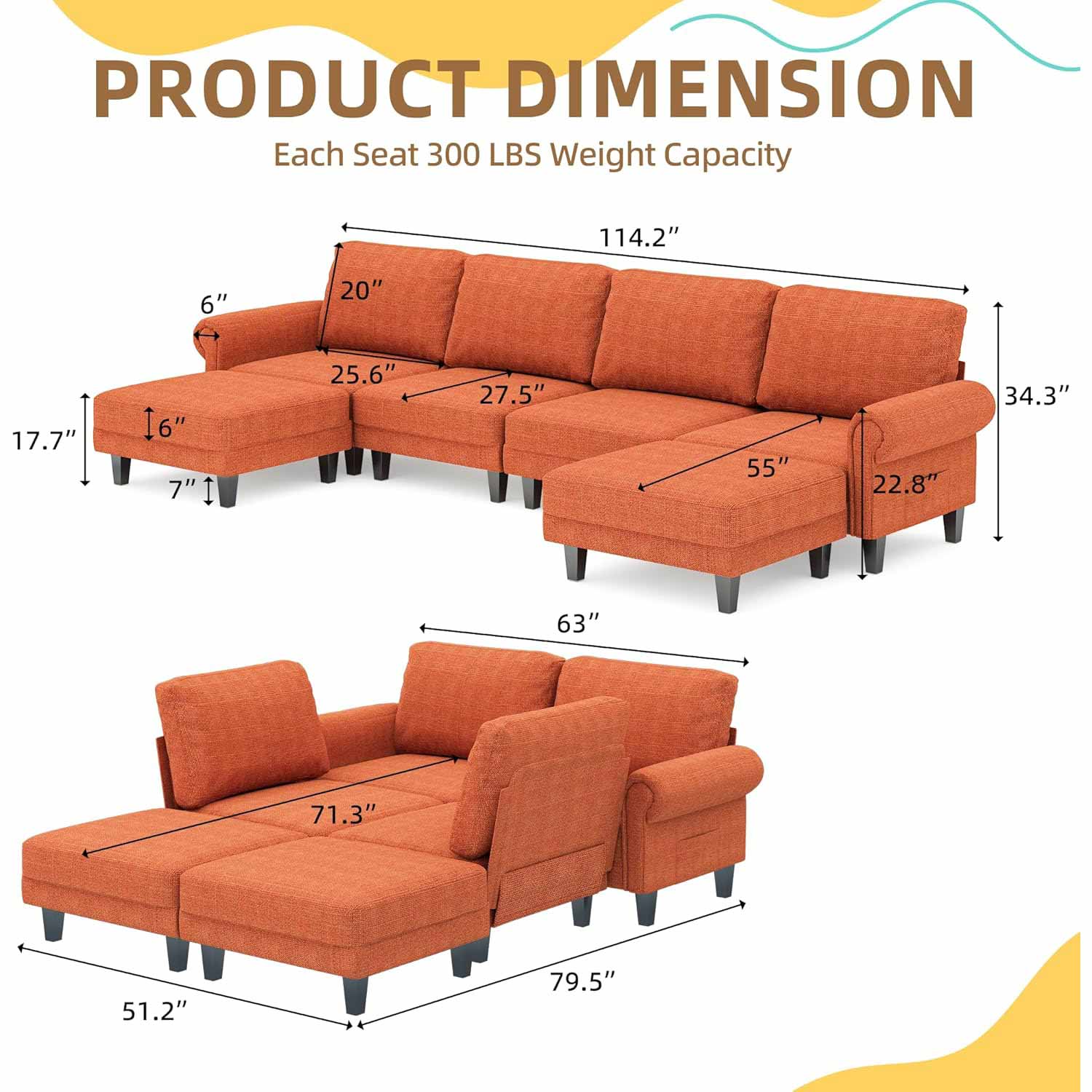 Product dimensions of Homrest sectional sofa set.