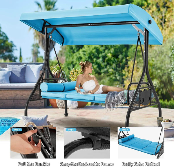 3-Seat Outdoor Porch Swing with Adjustable Canopy and Backrest, Sky Blue