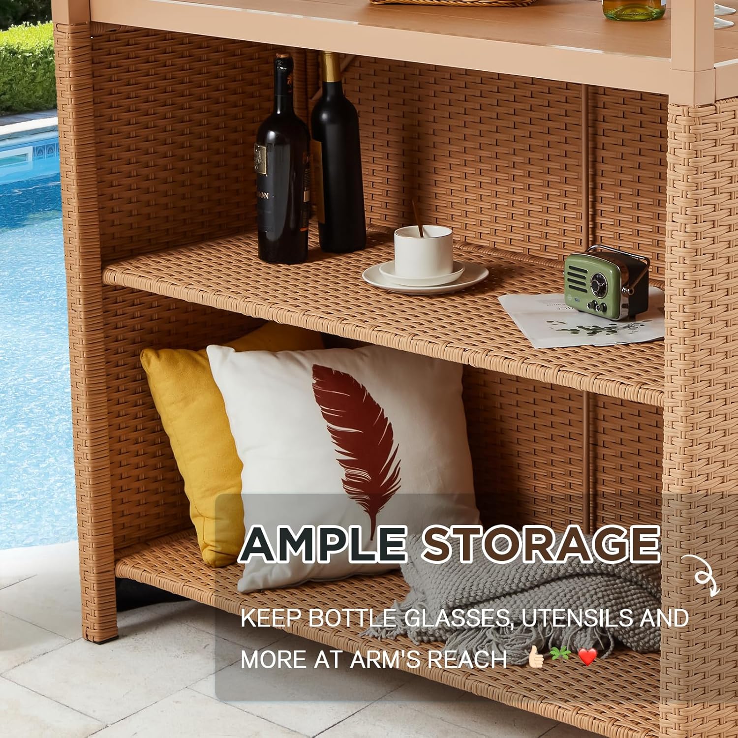 Ample storage, keep bottole glasses,utensil and more at arm's reach.