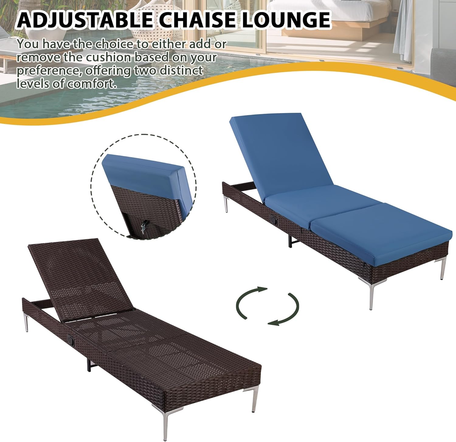 HOMREST Outdoor Chaise Lounge Chair Set of 2 with Adjustable Backrest, Navy Blue