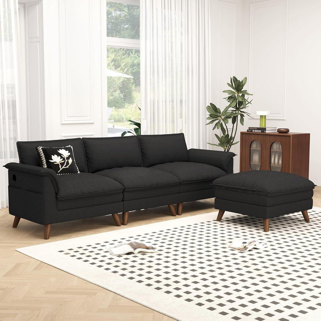 Homrest modular sectional sofa cloud couch with ottoman and storage pockets, black