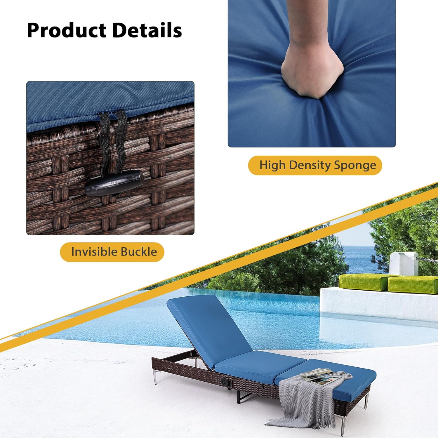 HOMREST Outdoor Chaise Lounge Chair Set of 2 with Adjustable Backrest, Navy Blue