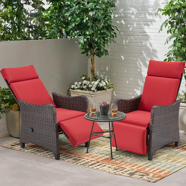 Weatherproof Outdoor Recliner Chair, Rattan Lounge Chair with Thick Removable Cushion for Patio Deck Backyard, Red