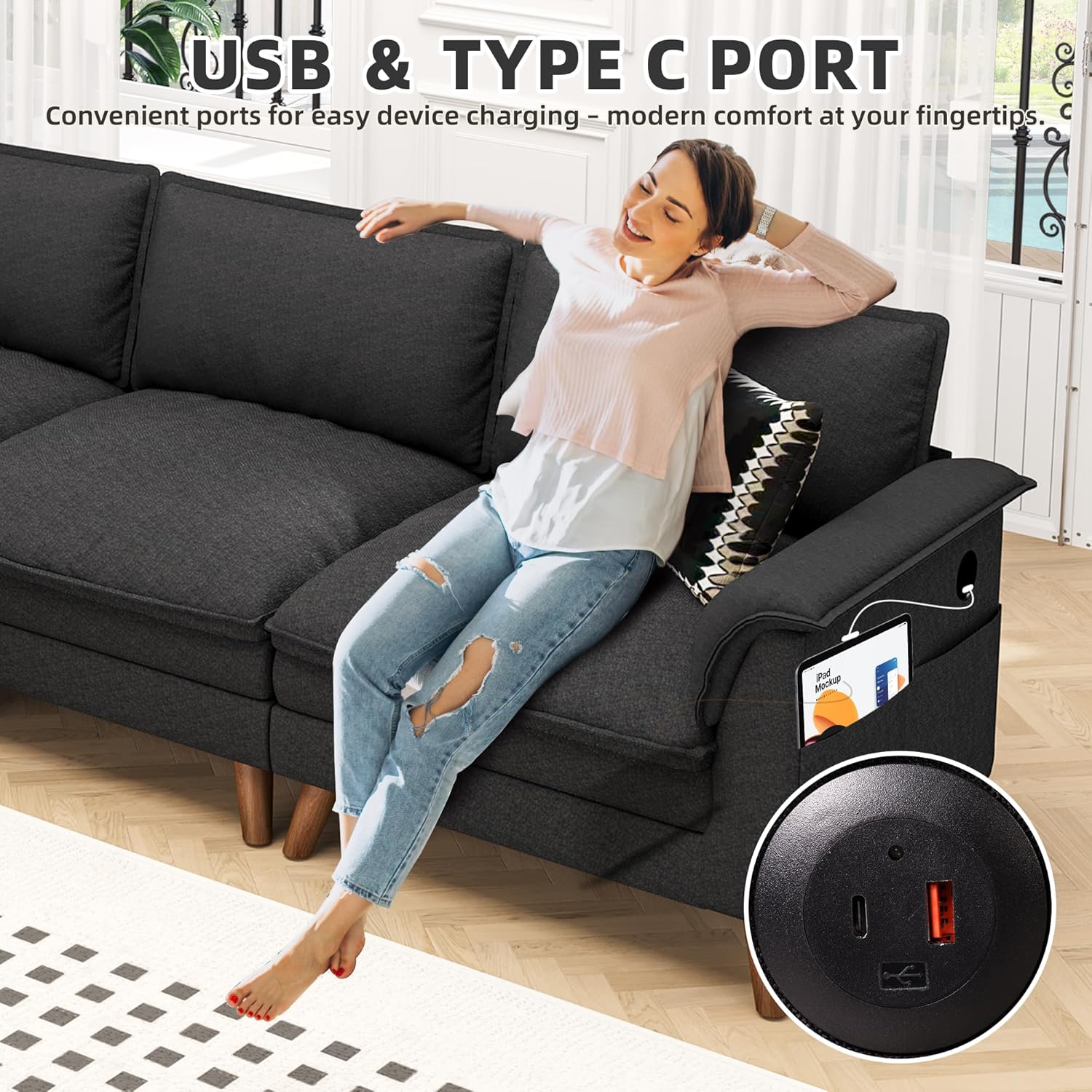 USB & type C port, convenient ports for easy device charging - modern comfort at your fingertips.