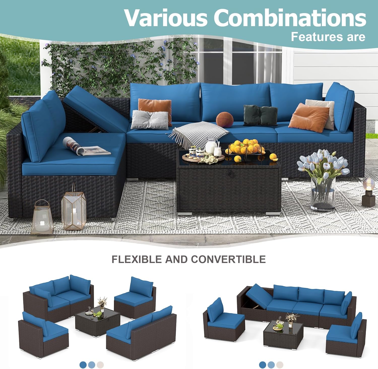 Homrest 7 Piece Outdoor Patio Furniture with Storage Table, Cushions and Pillows, Blue