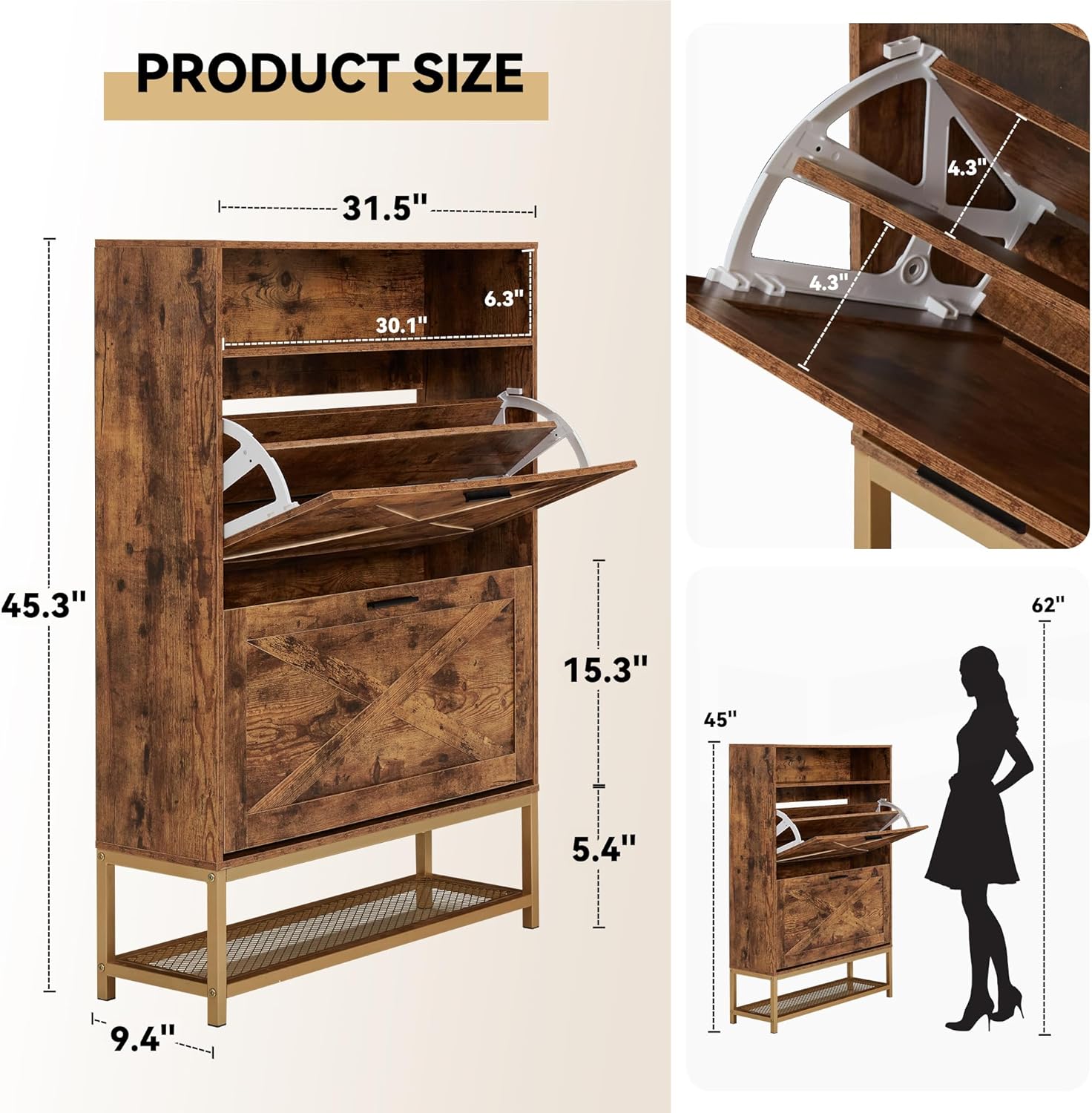 Shoe racks with 2 flip drawers and open storage, brown | Homrest