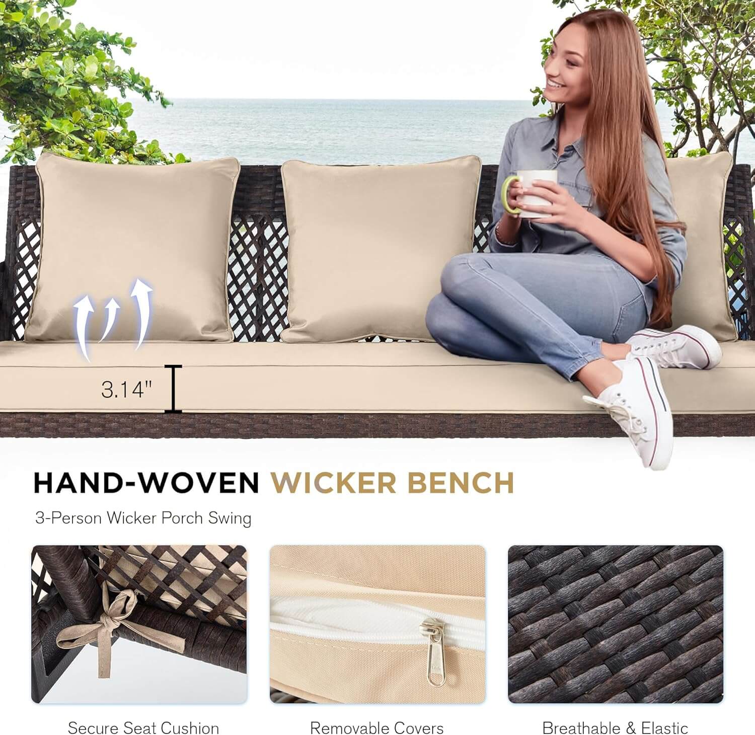 Homrest 3-Person Outdoor Wicker Porch Swing with Adjustable Canopy Backyard, Khaki