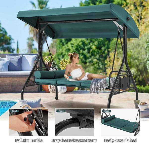 3-Seat Outdoor Porch Swing with Adjustable Canopy and Backrest, Green