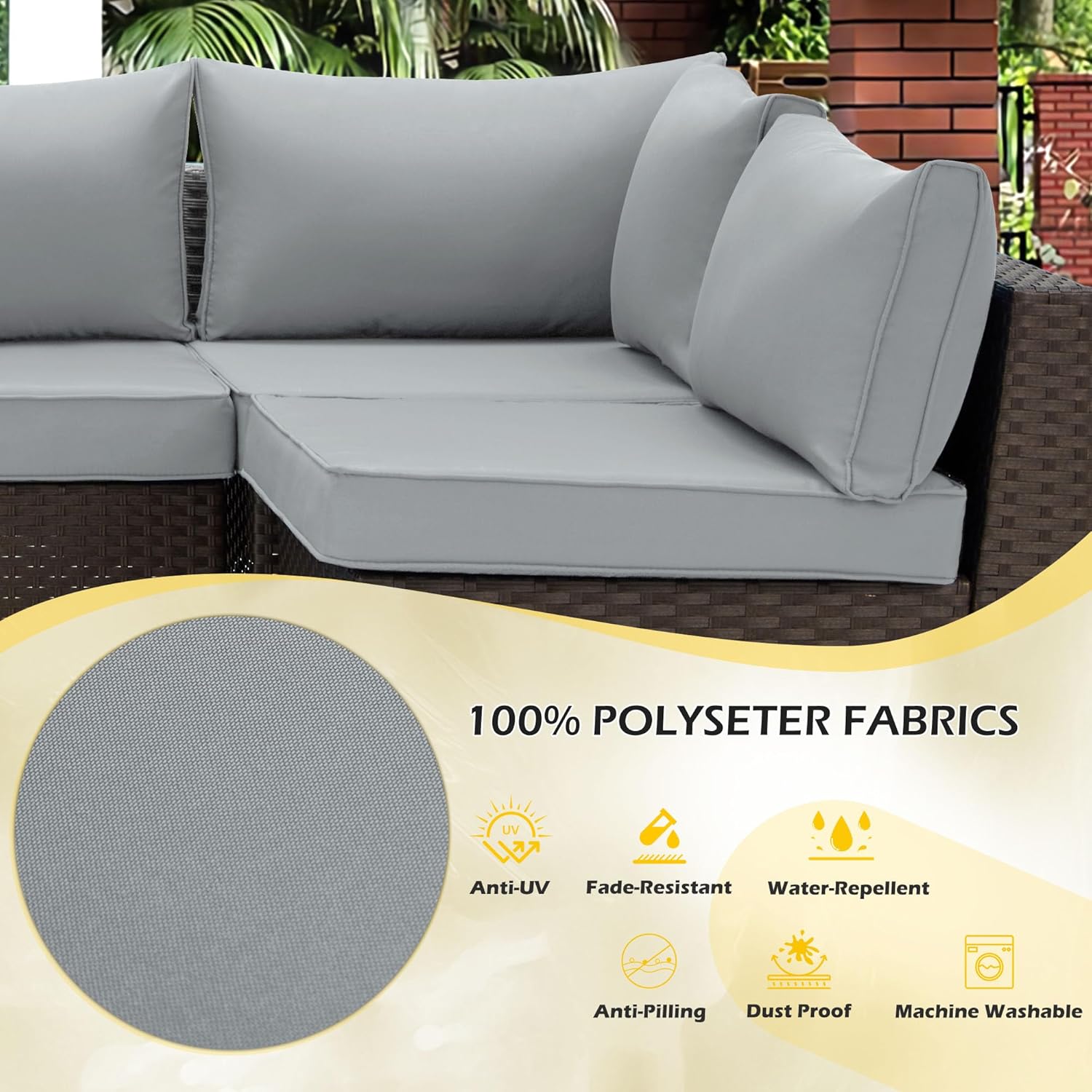 Outdoor Replacement Cushions for 6-Seat Patio Conversation Sets, Light Gray | Homrest