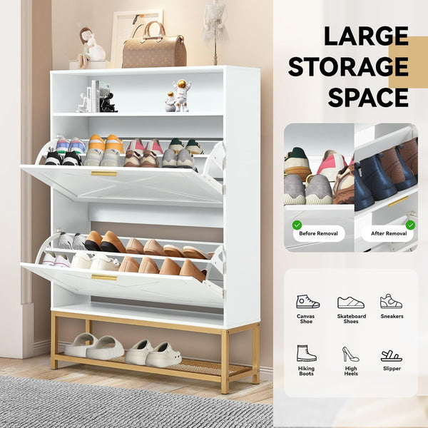 Shoe cabinet with 2 flip drawers and open storage, white | Homrest