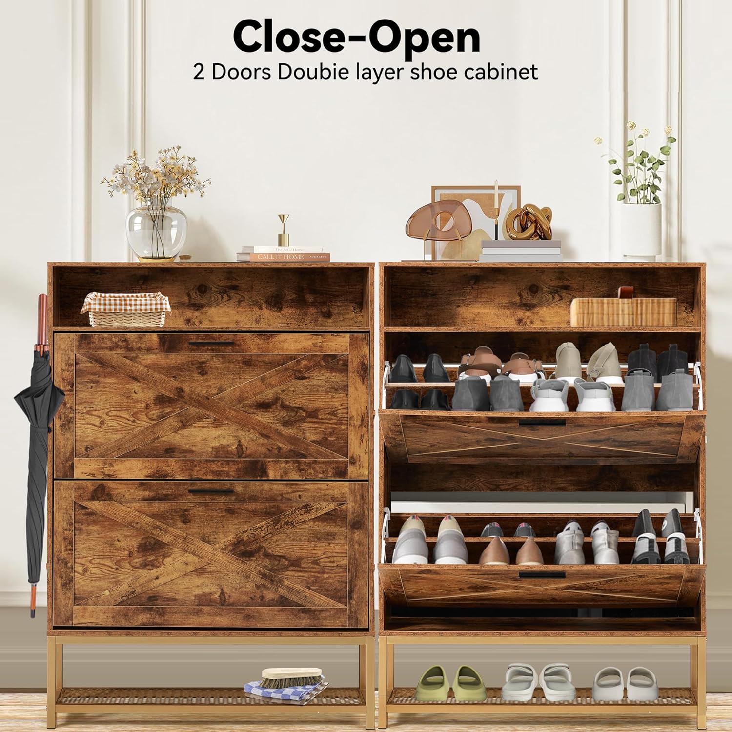 Shoe racks with 2 flip drawers and open storage, brown | Homrest