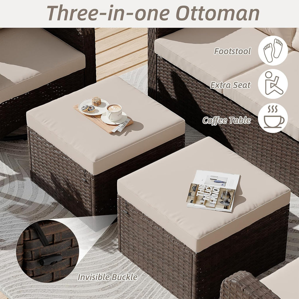 HOMREST 2 Piece Outdoor Patio Ottoman, Rattan Wicker Footstool with Cushion, Invisible Buckle, Multi-Functional Seat or Coffee Table, Khaki