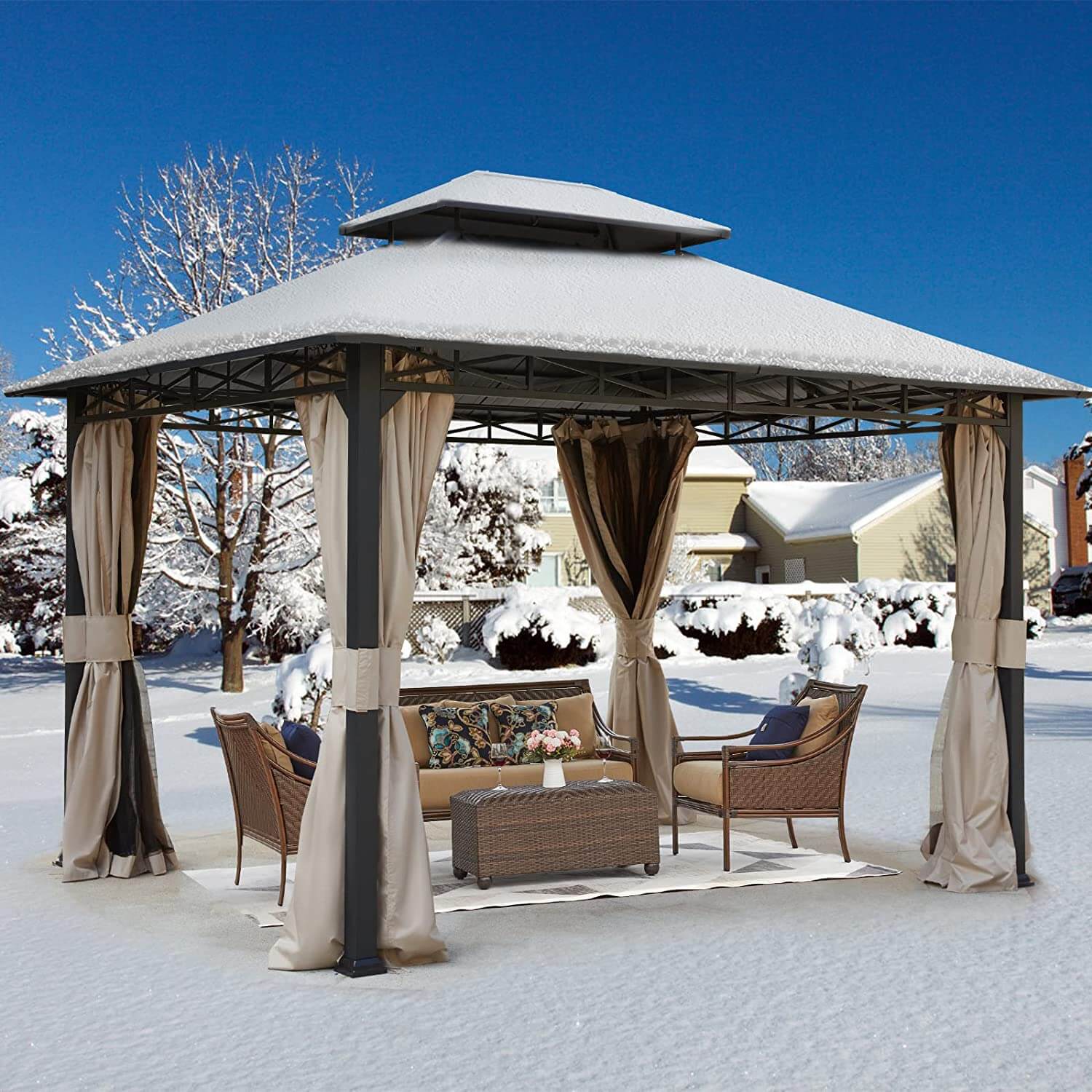 Homrest 10' x 12' Iron Gazebo Hardtop Double Roof w/ Anti-Rust Coating Frame, Waterproof Curtains & Netting