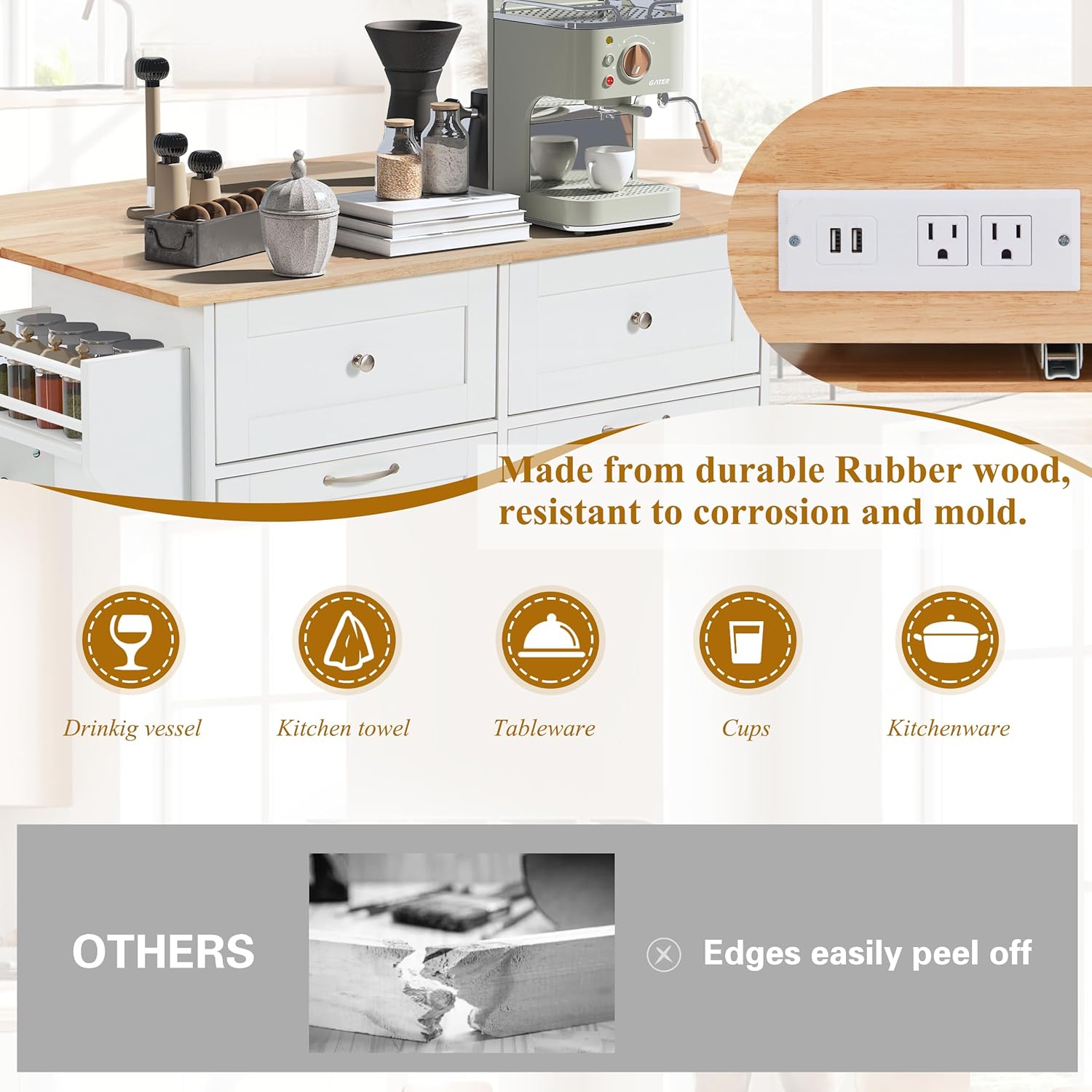 Homrest 39.4" Rolling Kitchen Island with Power Outlet, USB Ports, White