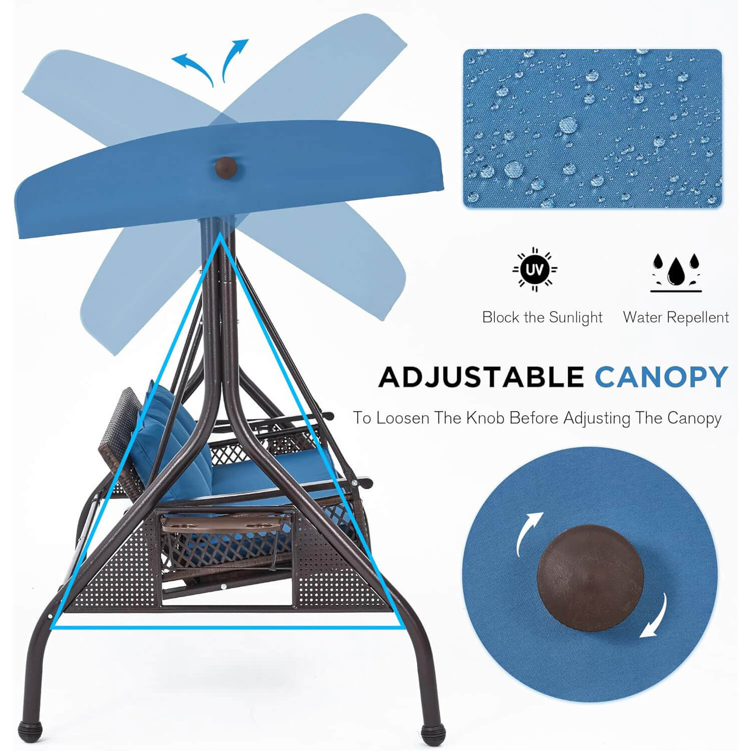 Homrest 3-Person Outdoor Wicker Porch Swing with Adjustable Canopy Backyard, Blue