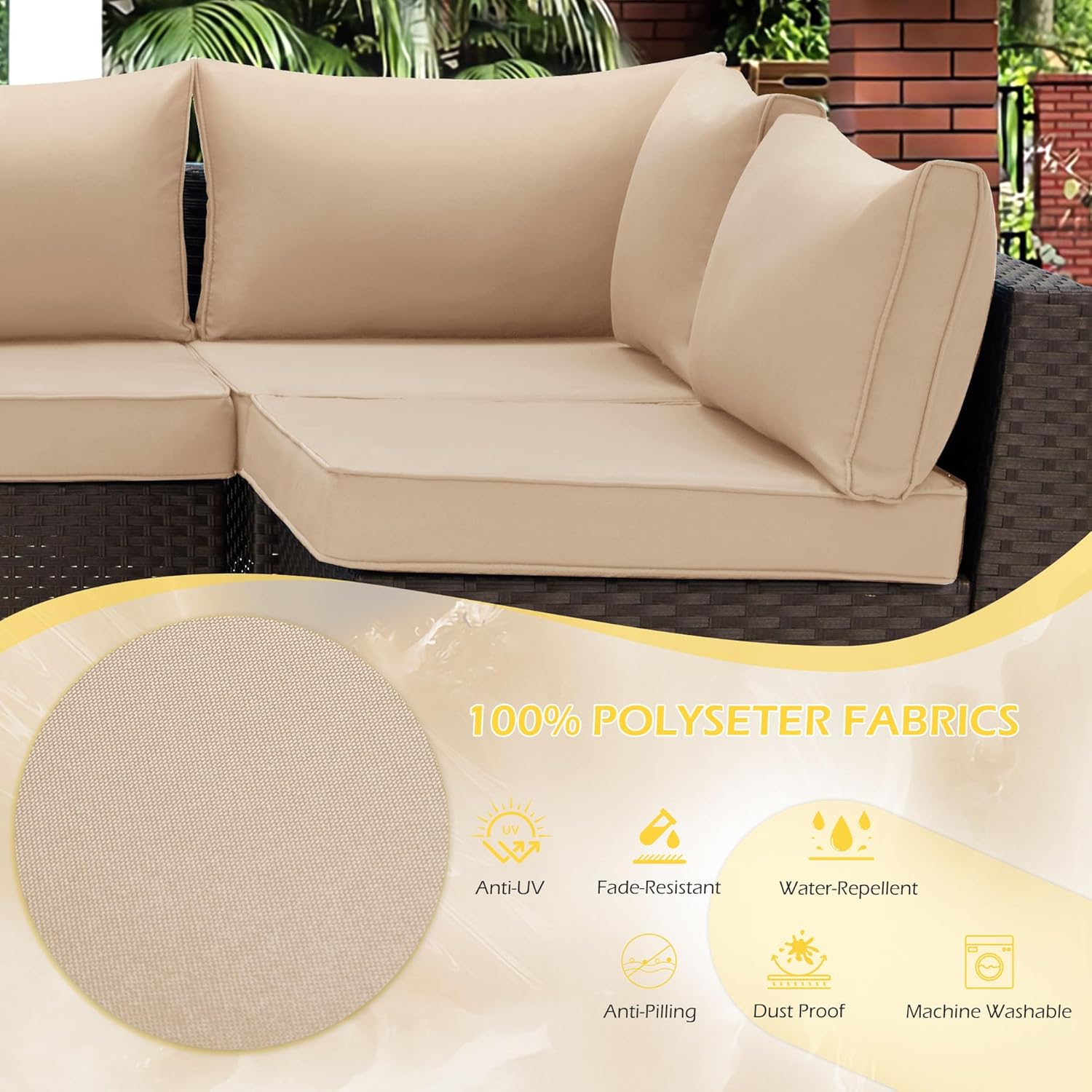 Homrest Outdoor Replacement Cushions for  6-Seat Patio Conversation Sets, Khaki
